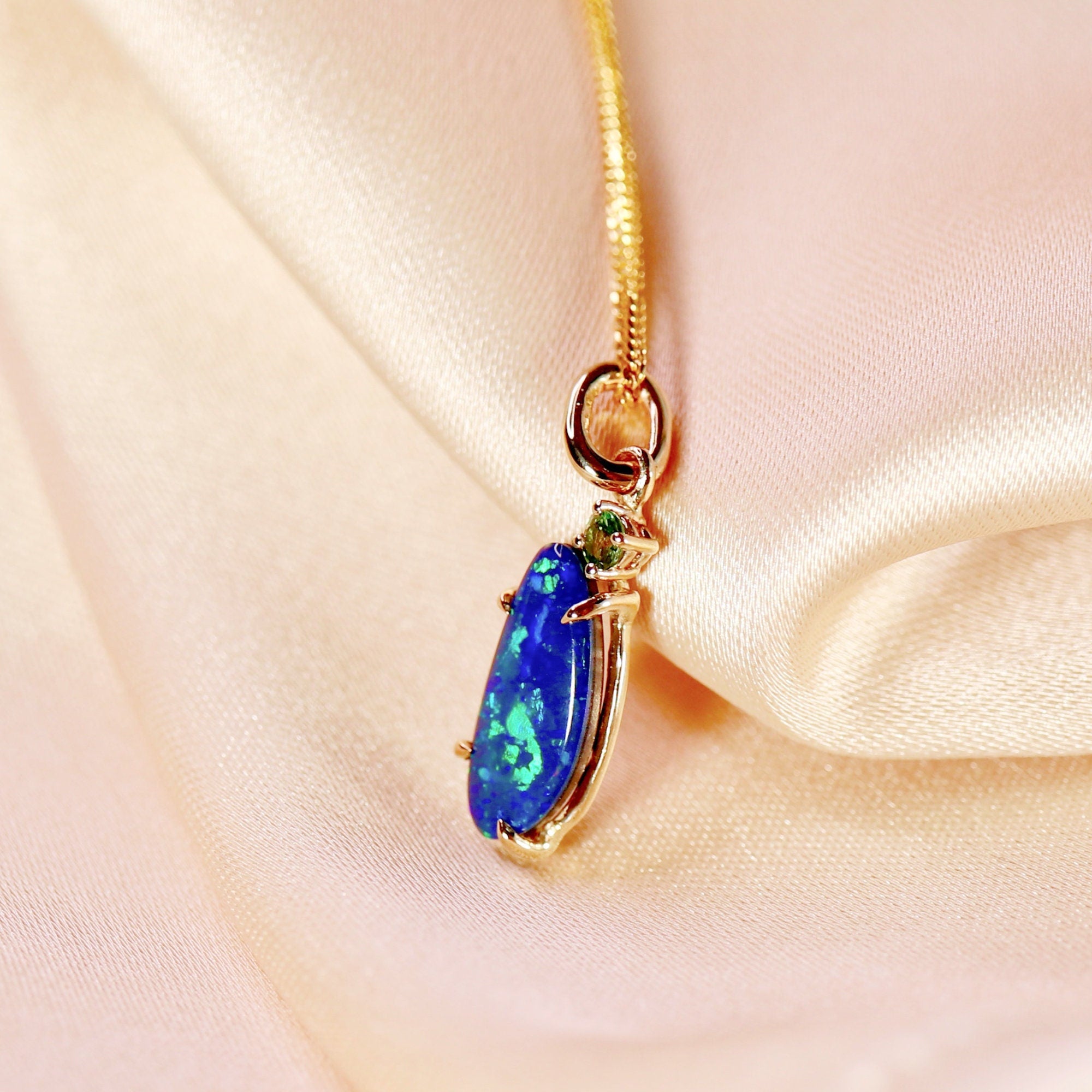 Boulder Opal w Sapphire Pendant 14k Solid Gold
