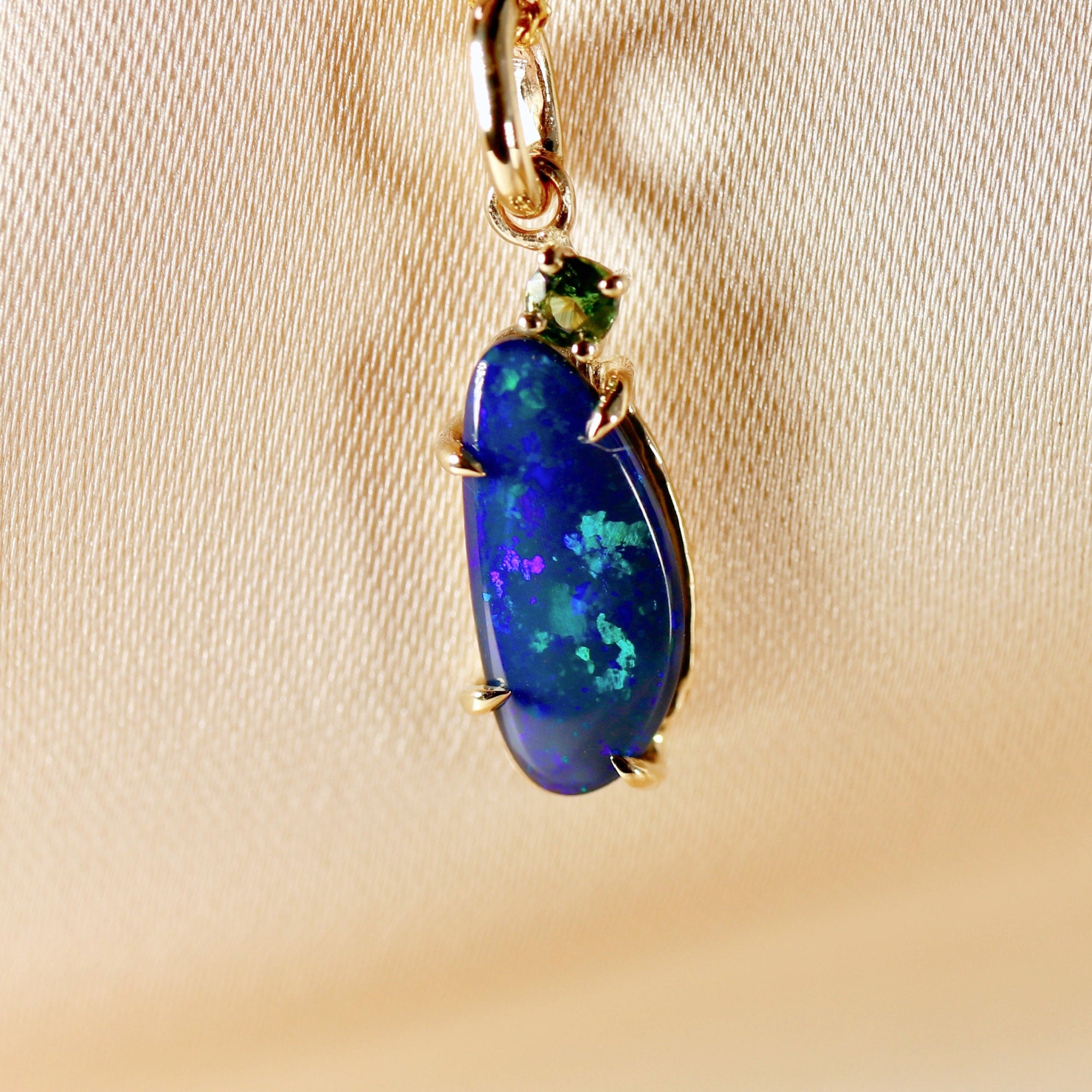 Boulder Opal w Sapphire Pendant 14k Solid Gold