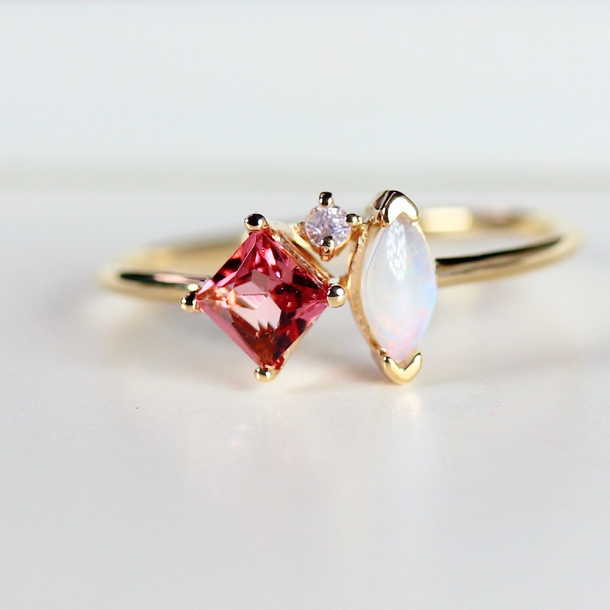 Pink Tourmaline & Opal Cluster Ring 14k Gold