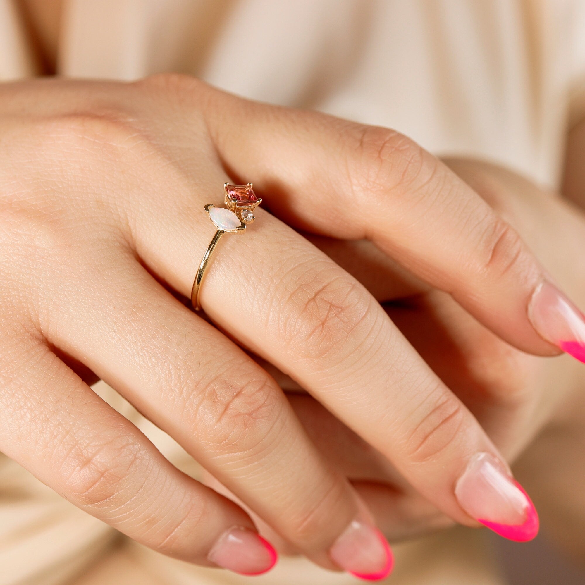 Pink Tourmaline & Opal Cluster Ring 14k Gold