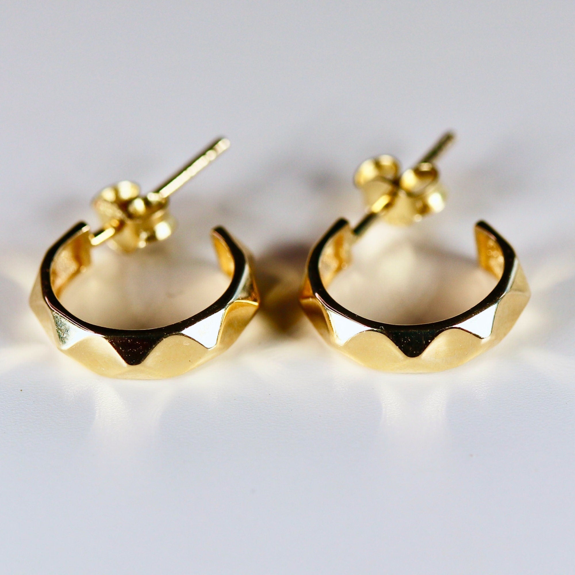 Geometric Textured Gold Huggies 14k Solid Gold