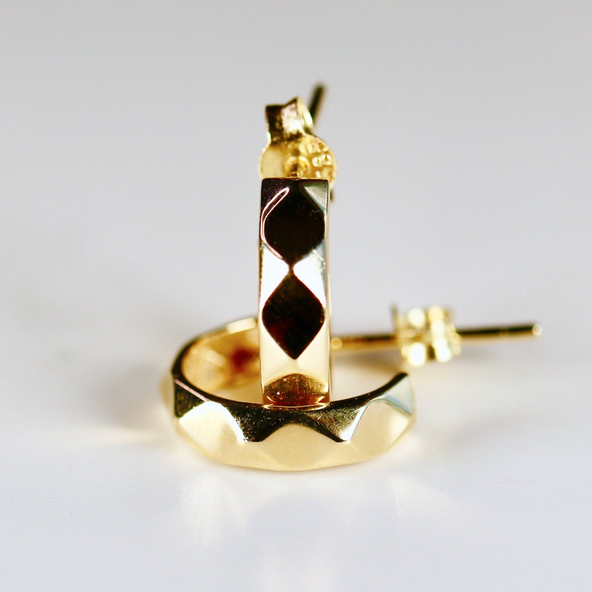 Geometric Textured Gold Huggies 14k Solid Gold