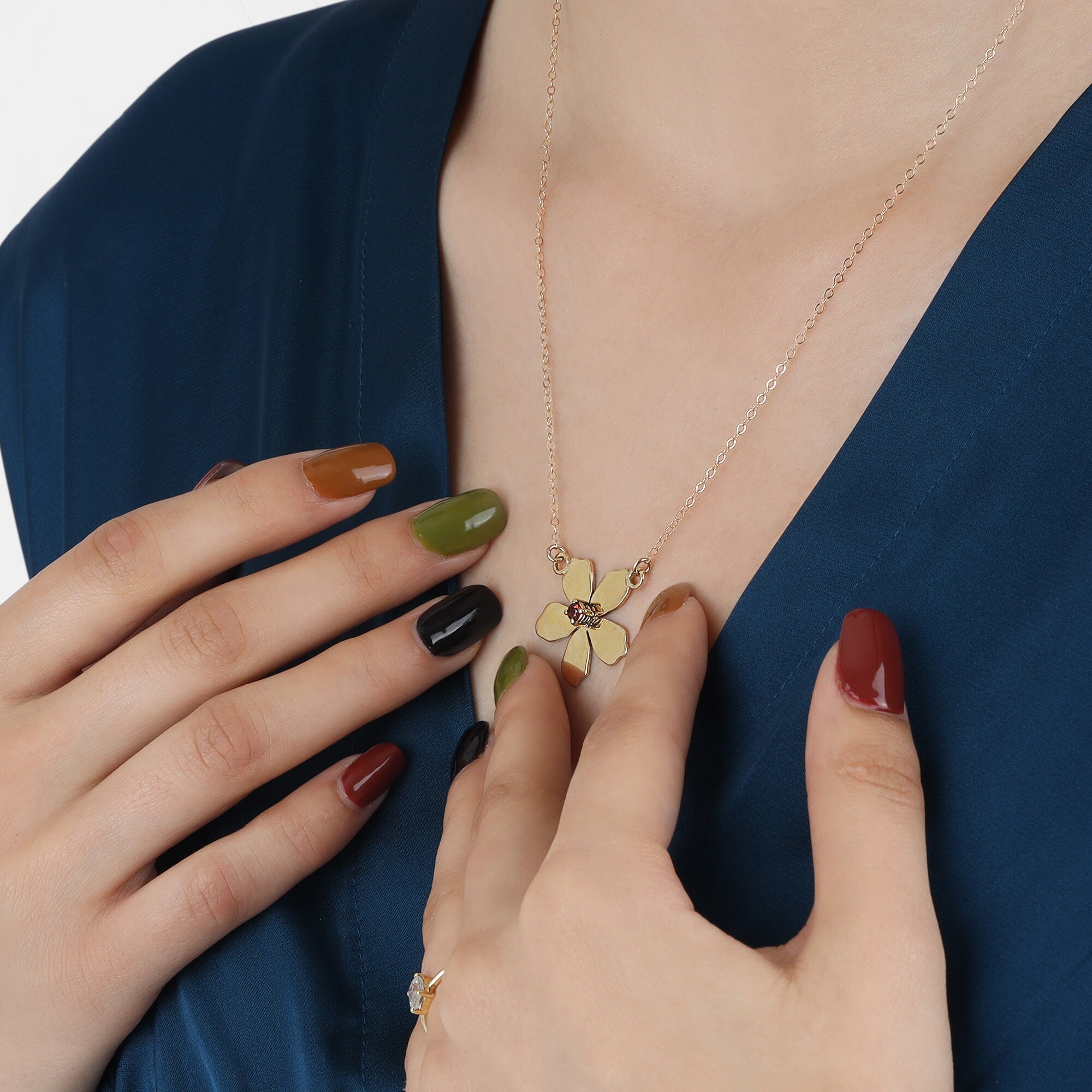 Sakura Necklace 14k Solid Gold, Cherry Blossom Charm Pendant