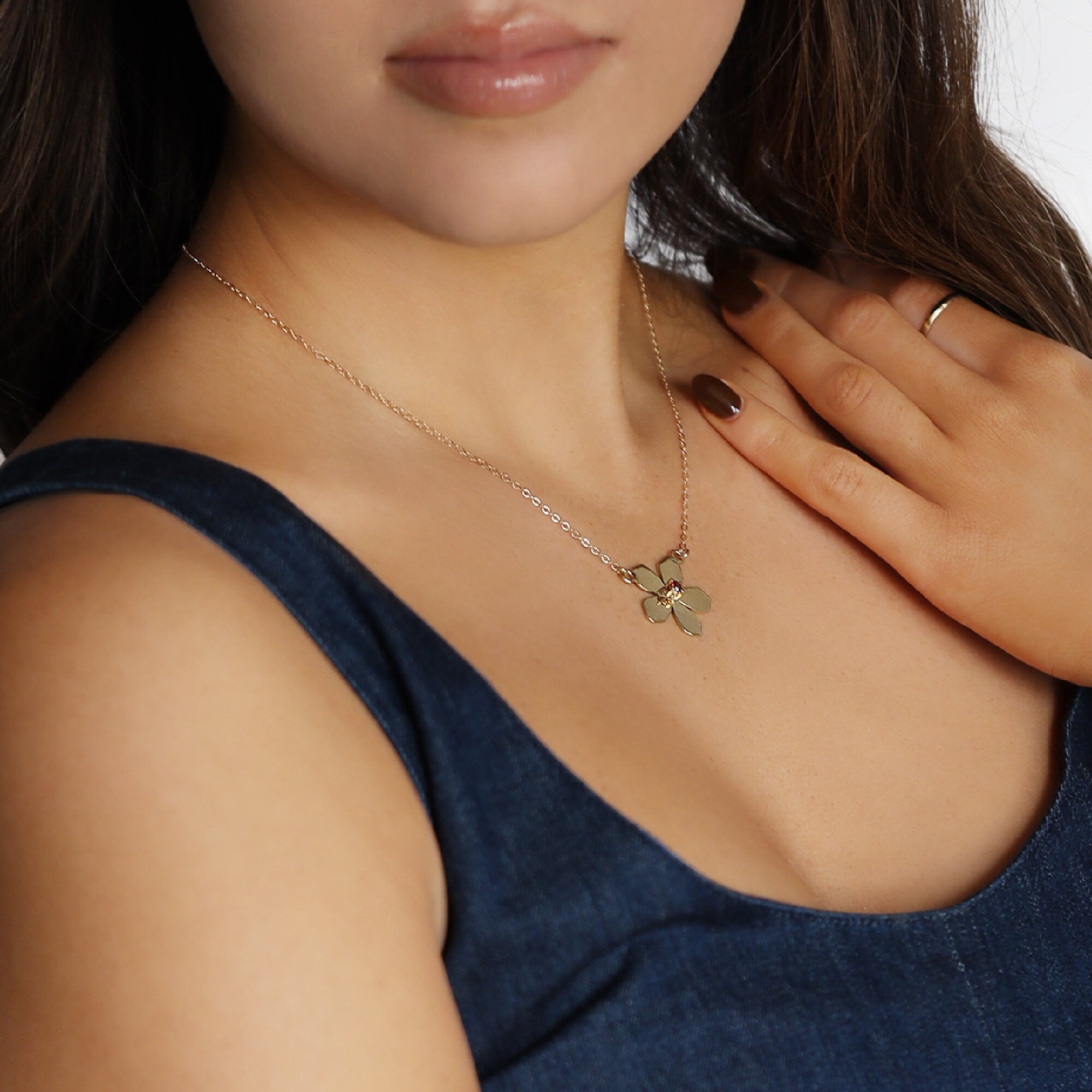 Sakura Necklace 14k Solid Gold, Cherry Blossom Charm Pendant