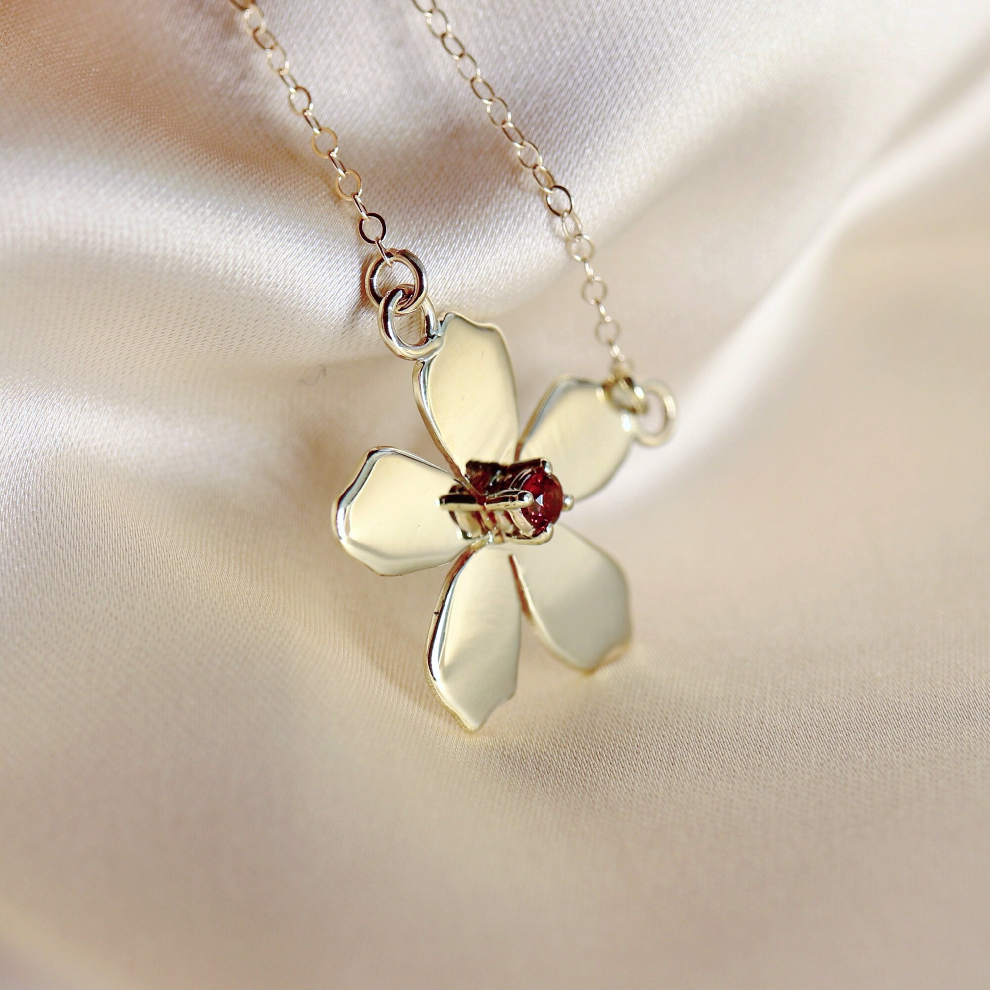 Sakura Necklace 14k Solid Gold, Cherry Blossom Charm Pendant