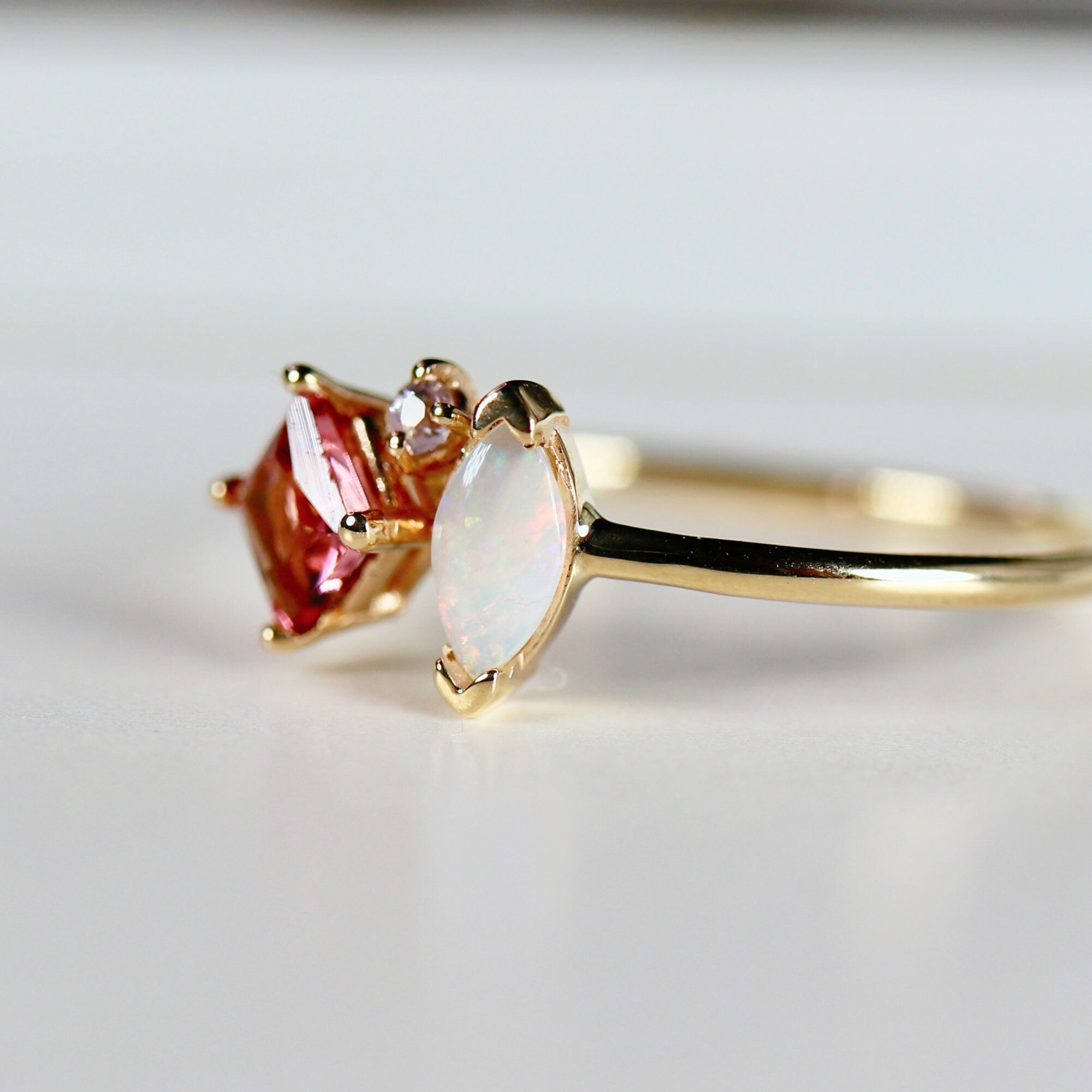 Pink Tourmaline & Opal Cluster Ring 14k Gold