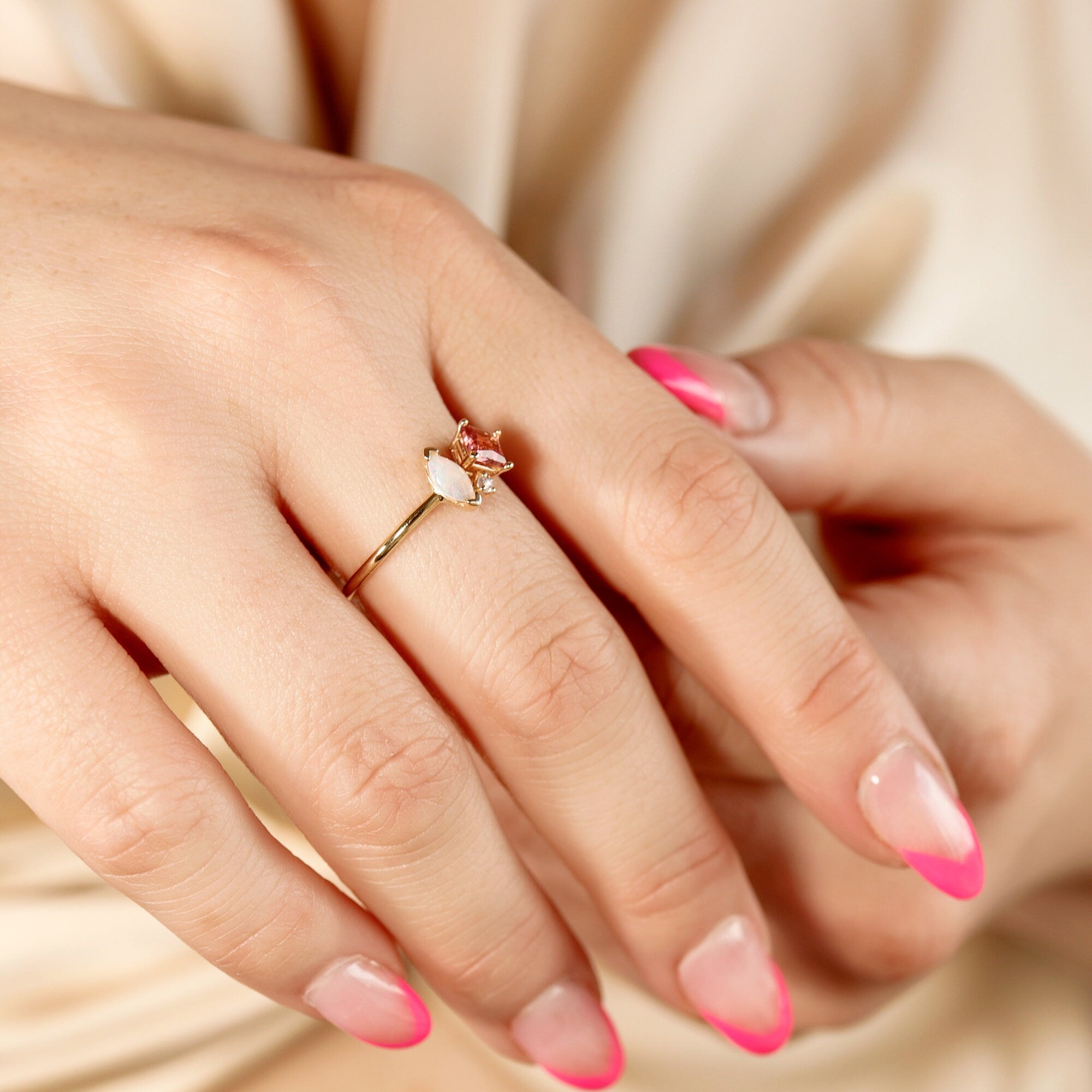 Pink Tourmaline & Opal Cluster Ring 14k Gold