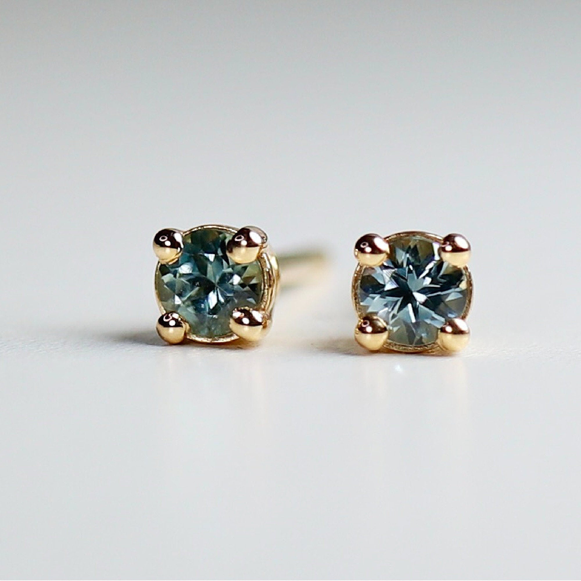 14k Gold Tiny Sapphire Stud Earrings Tiny Blue Montana Sapphire