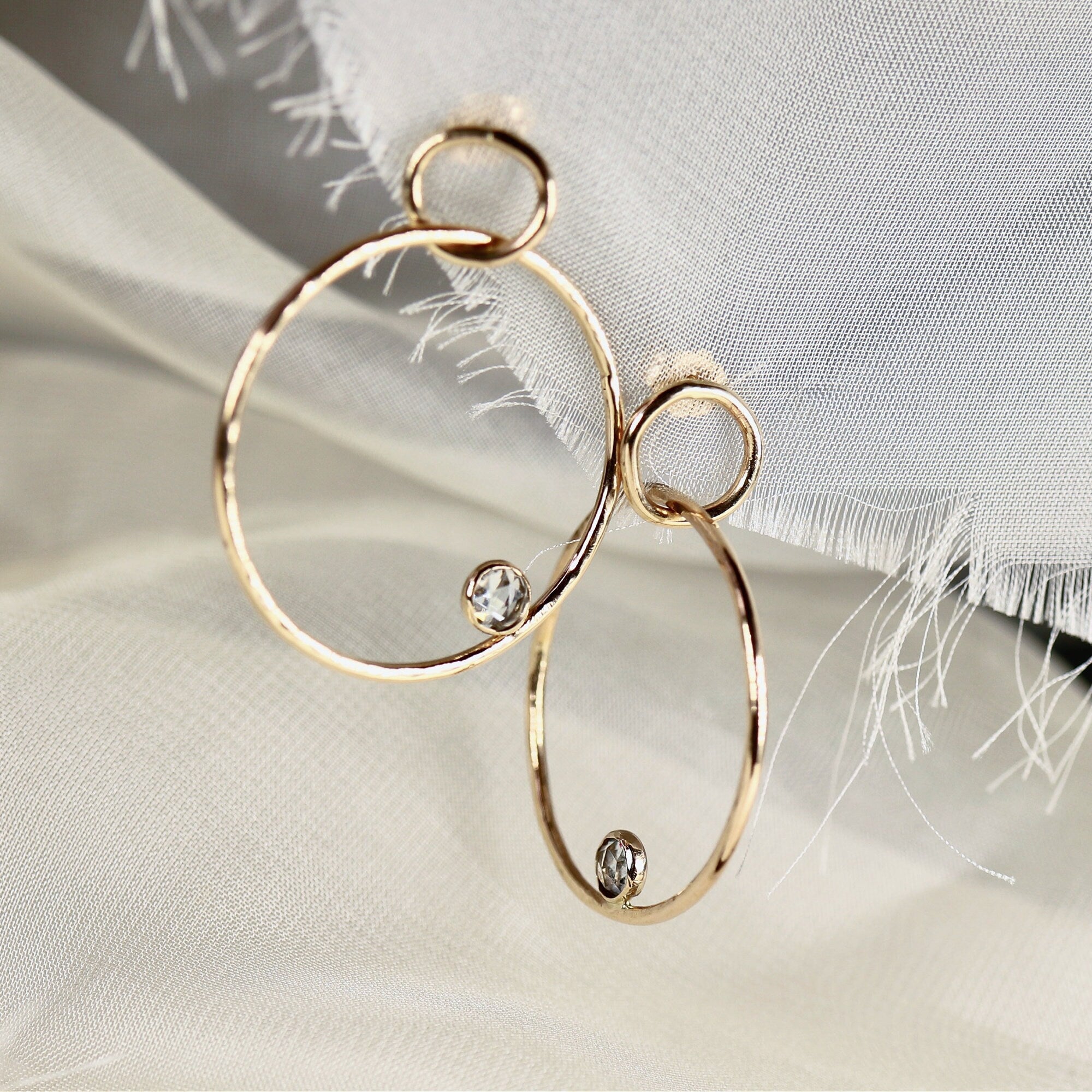 Large Double Hoop Earrings 14k Solid Gold, Aquamarine Hoop Earrings