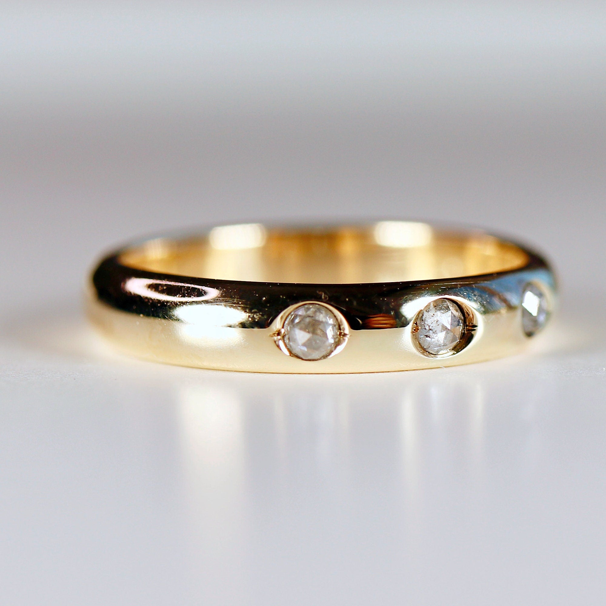 4mm Dome Wedding Band, Flush Set Diamond Wide Gold Band Ring