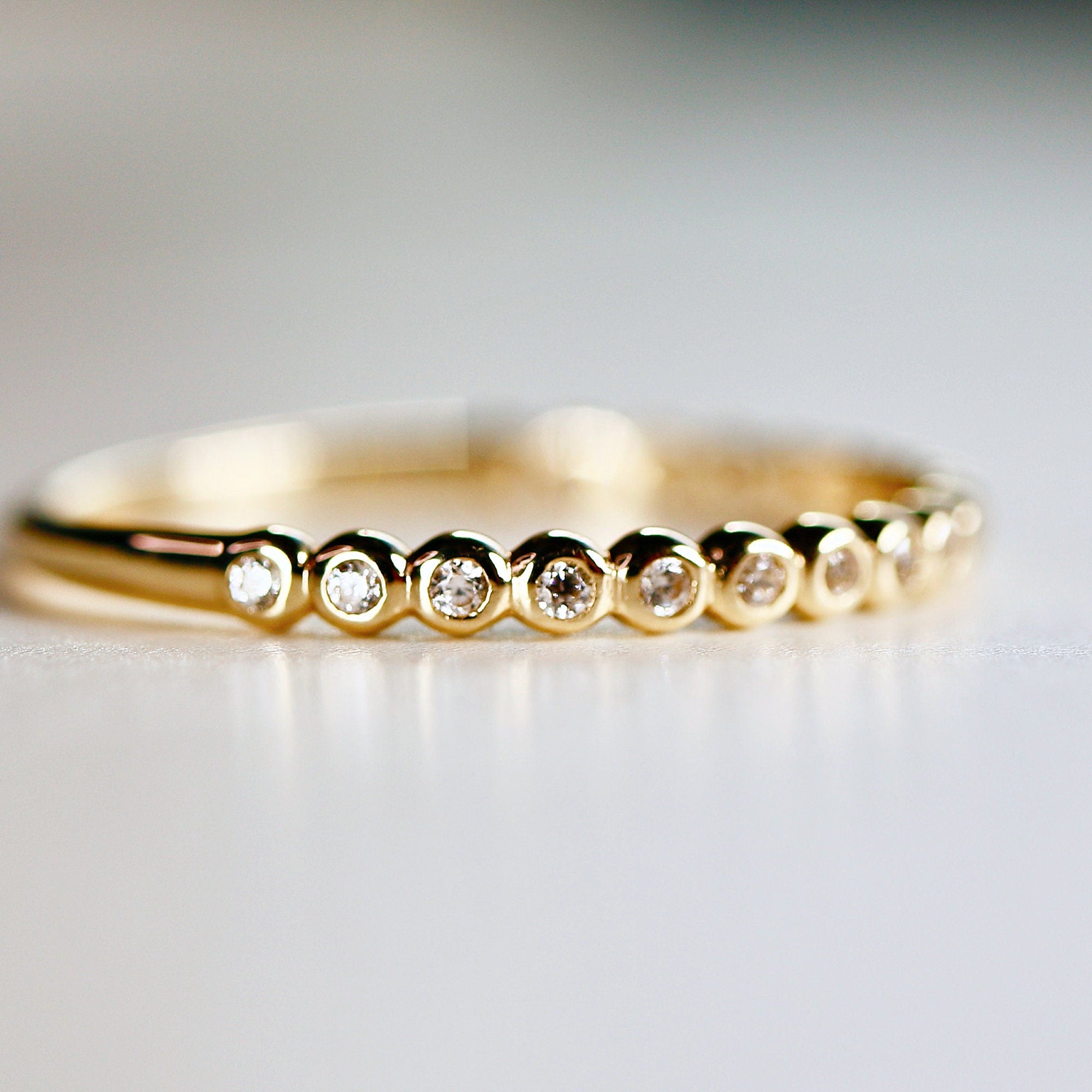 Bezel Half Eternity Stacking Ring 14k Solid Gold, Eternity Wedding Band
