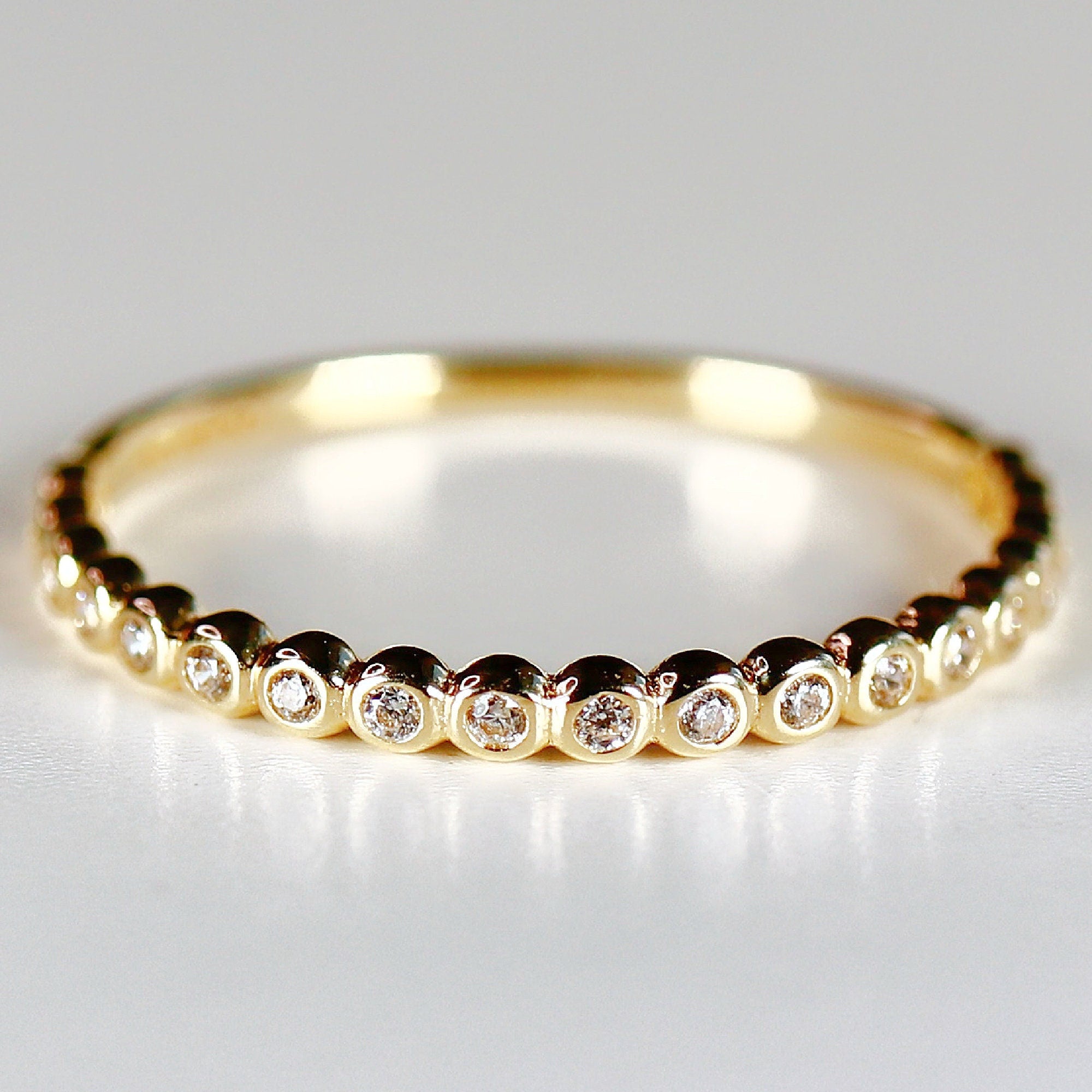 Bezel Half Eternity Stacking Ring 14k Solid Gold, Eternity Wedding Band