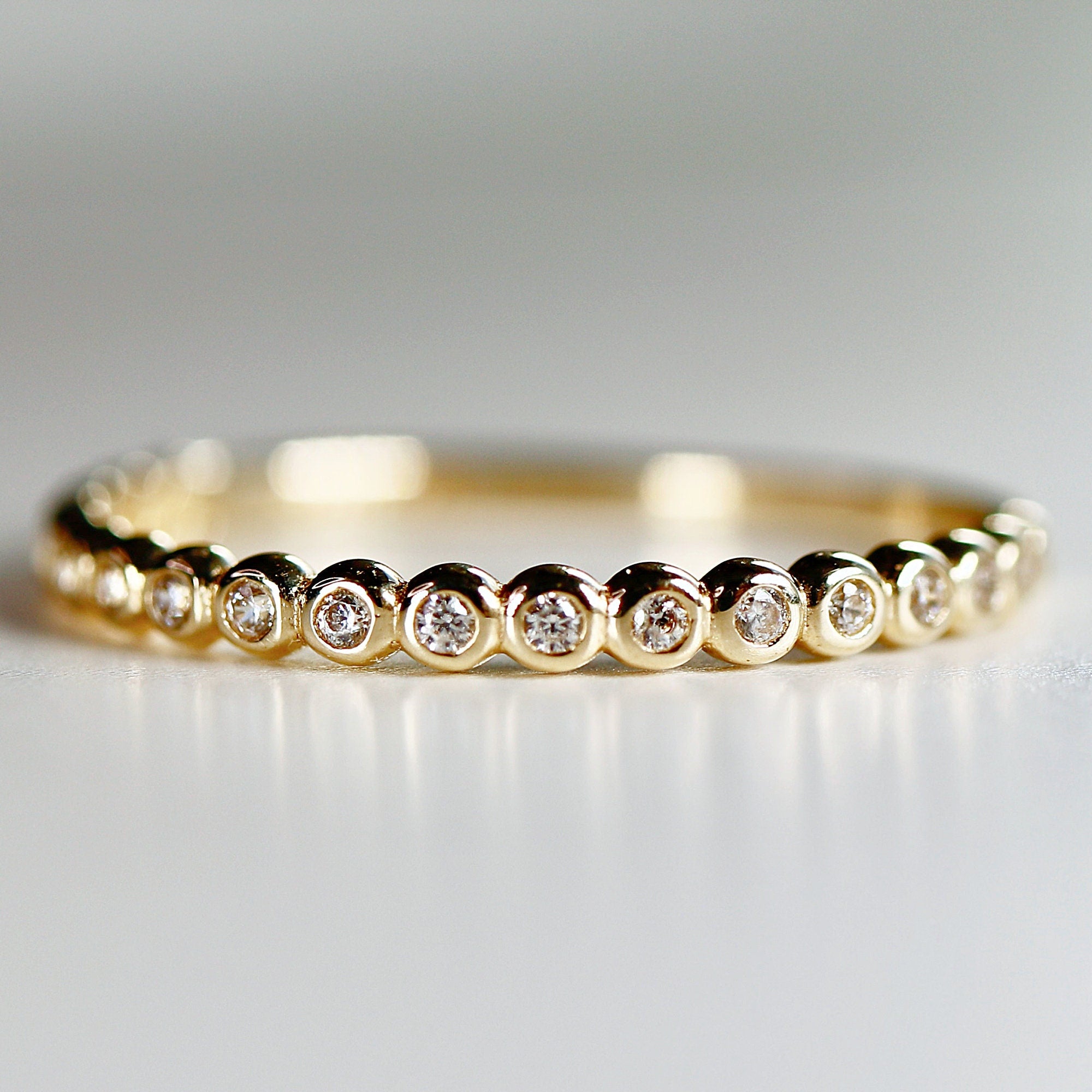 Bezel Half Eternity Stacking Ring 14k Solid Gold, Eternity Wedding Band
