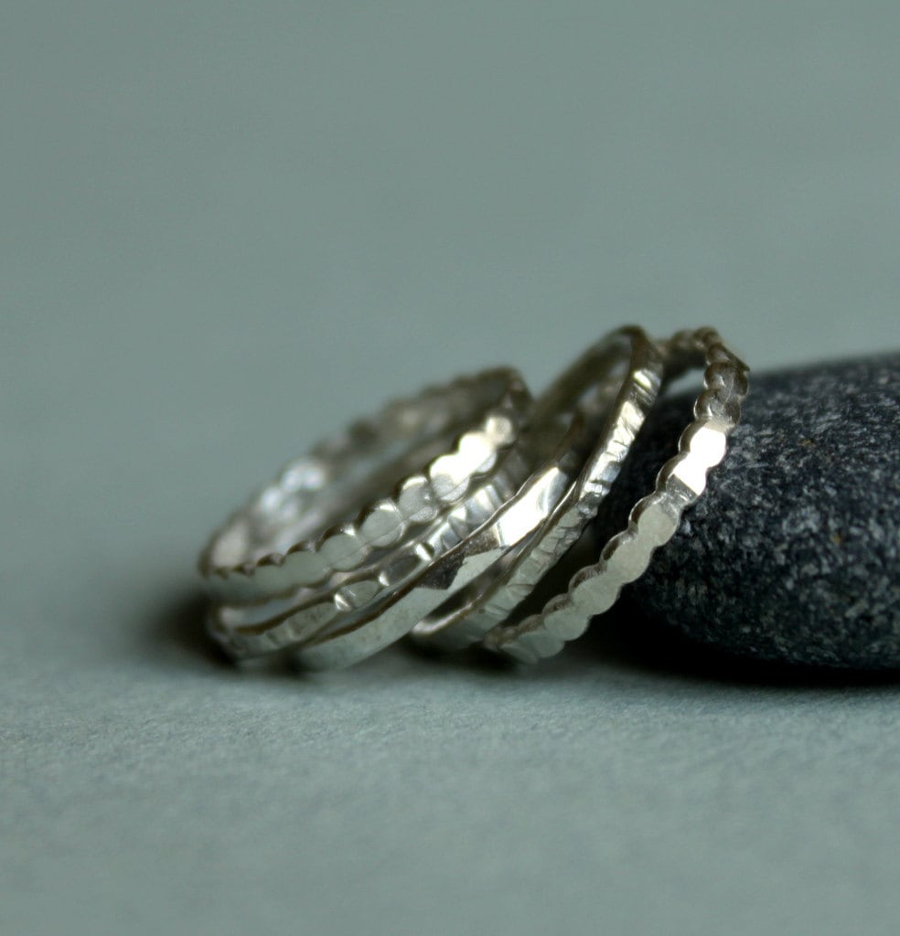 Stackable Ring Set of Five, Hammered and Textured Silver Rings, Simple Skinny Stacking Ring Set