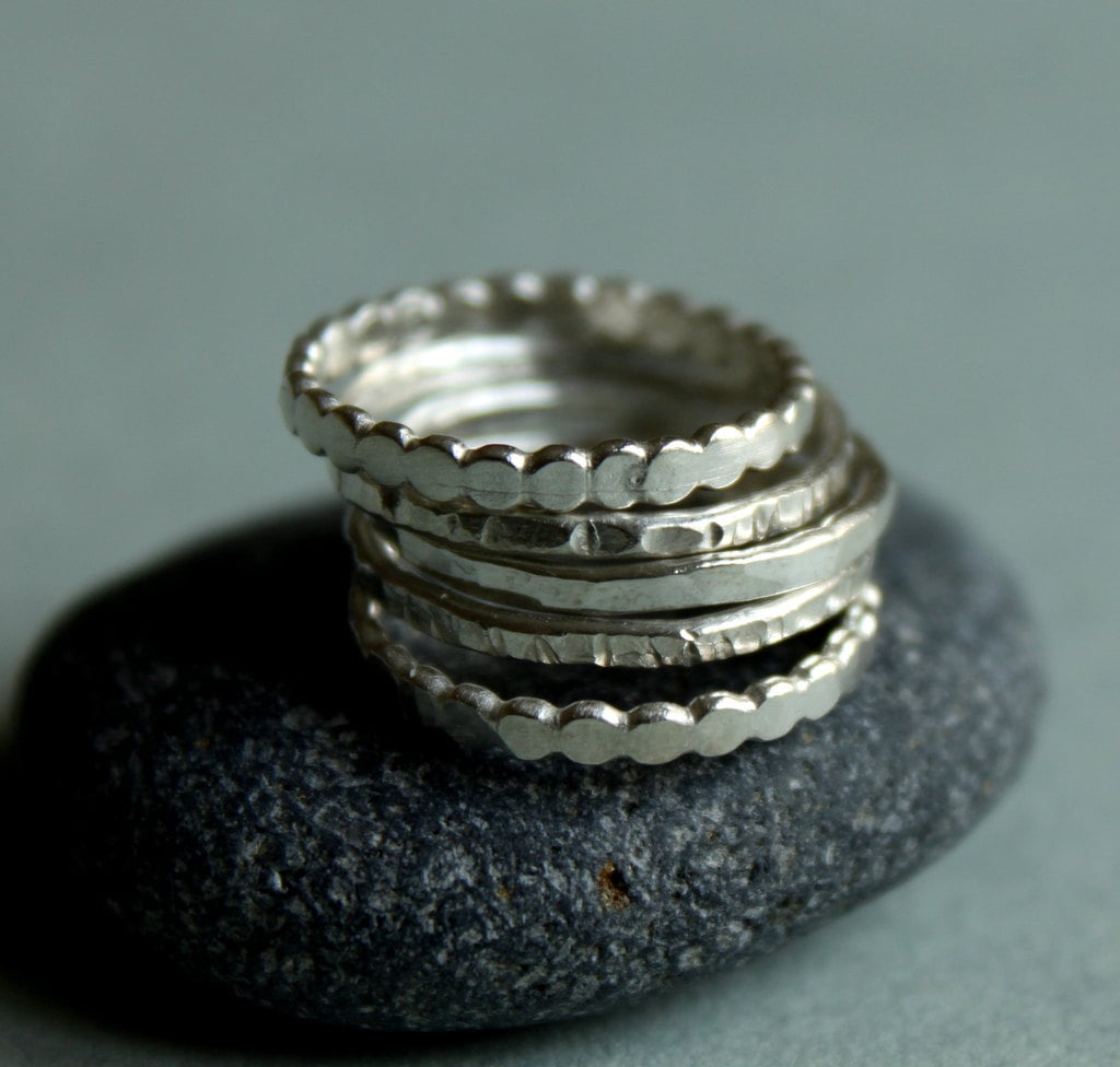Stackable Ring Set of Five, Hammered and Textured Silver Rings, Simple Skinny Stacking Ring Set