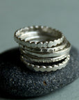 Stackable Ring Set of Five, Hammered and Textured Silver Rings, Simple Skinny Stacking Ring Set