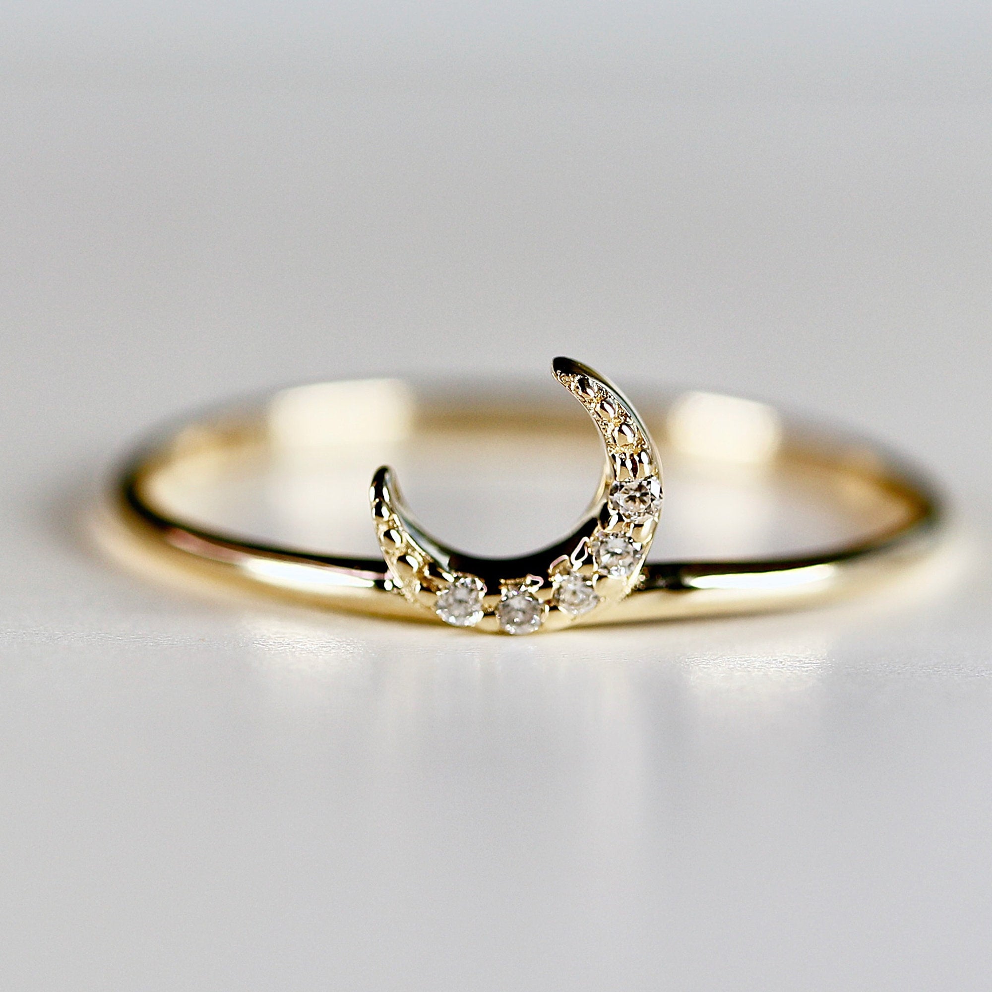 Genuine Diamond Crescent Moon Ring, Moon Ring in 14k Gold