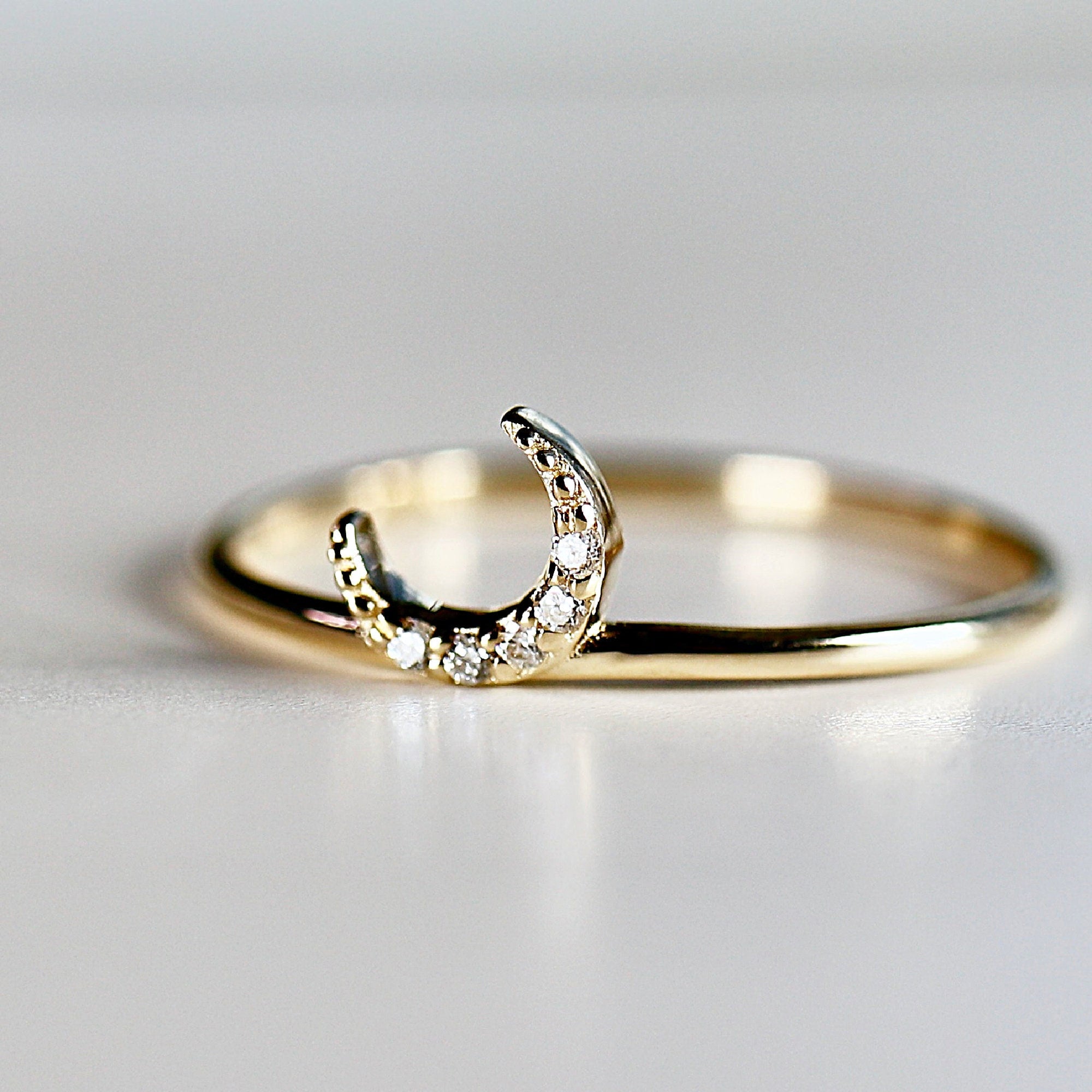 Genuine Diamond Crescent Moon Ring, Moon Ring in 14k Gold