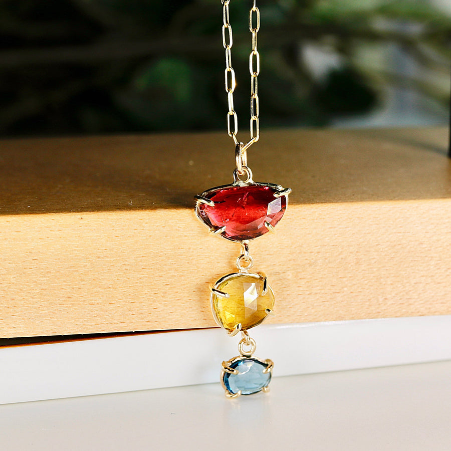 One Of A Kind Triple Tourmaline Necklace 14k Gold, Rose Cut Tourmaline Pendant, Solid Gold Three Color Necklace, October Birthstone Jewelry