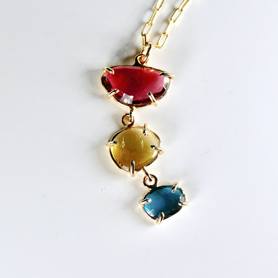 One Of A Kind Triple Tourmaline Necklace 14k Gold, Rose Cut Tourmaline Pendant, Solid Gold Three Color Necklace, October Birthstone Jewelry