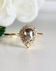 Pear Salt and Pepper Diamond Ring 14k Gold – Rose Cut Black Diamond Halo Ring, Unique Engagement Ring, Anniversary Gift - Melt'm Jewelry