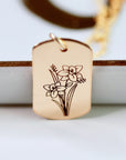 Birth Flower Square Tag Necklace, Mother Necklace, Personalized Dog Tag Necklace, Birthday Gift, Floral Pendant Necklace, Mother's Day Gift