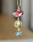 One Of A Kind Triple Tourmaline Necklace 14k Gold, Rose Cut Tourmaline Pendant