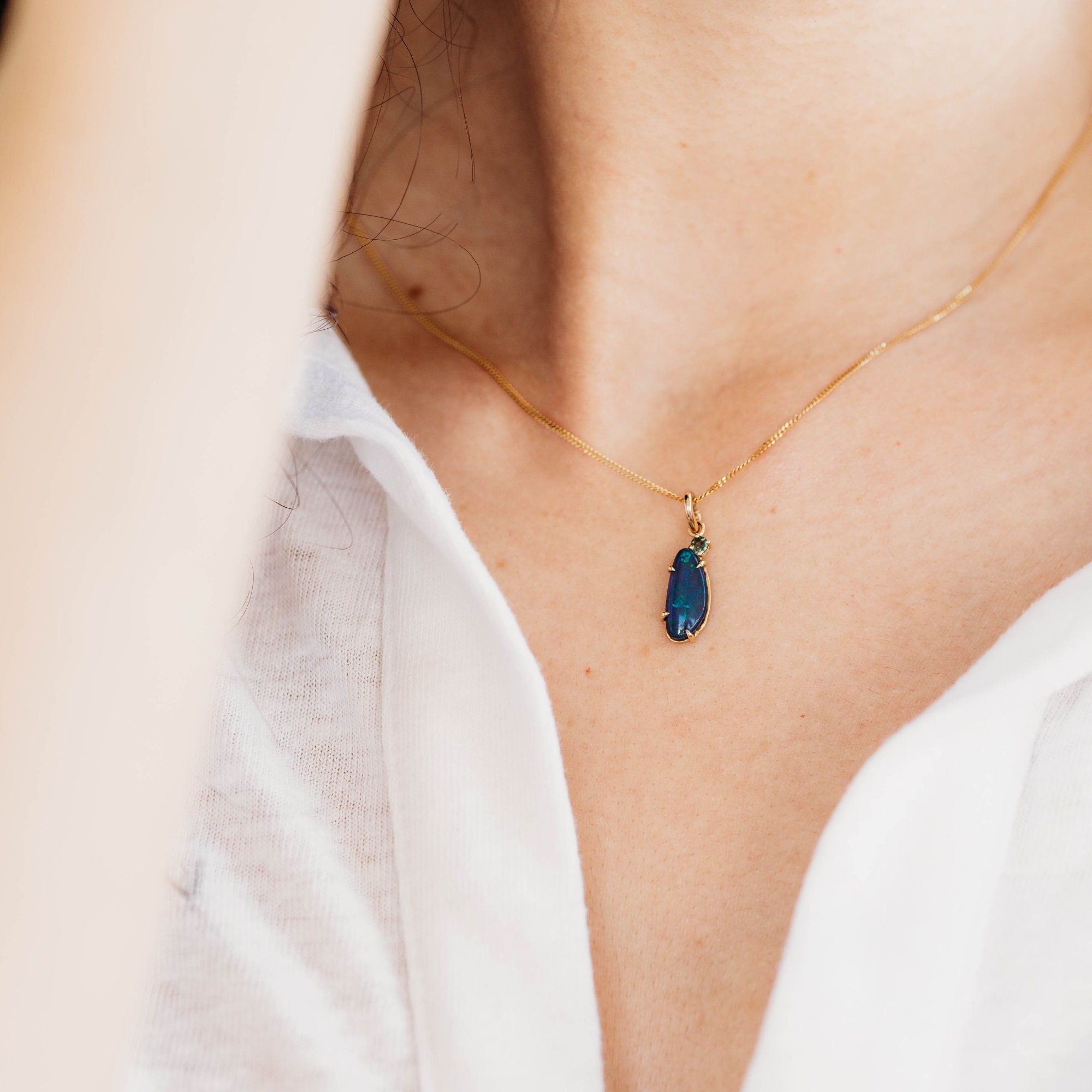 Boulder Opal w Sapphire Pendant 14k Solid Gold