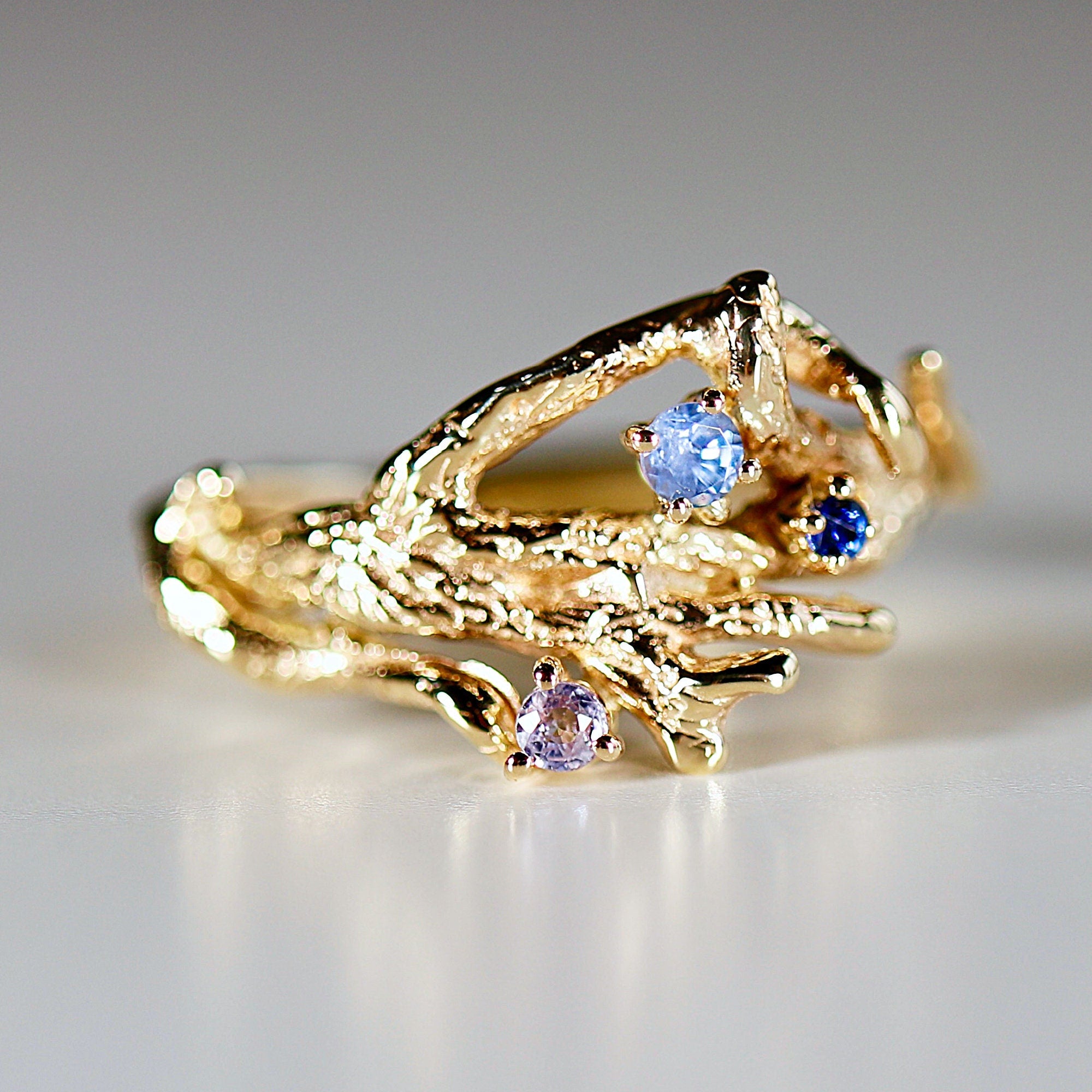 Colorful Sapphire Twig Ring 14k Solid Gold, Gold Branch Ring