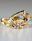 Colorful Sapphire Twig Ring 14k Solid Gold, Gold Branch Ring