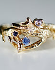 Colorful Sapphire Twig Ring 14k Solid Gold, Gold Branch Ring