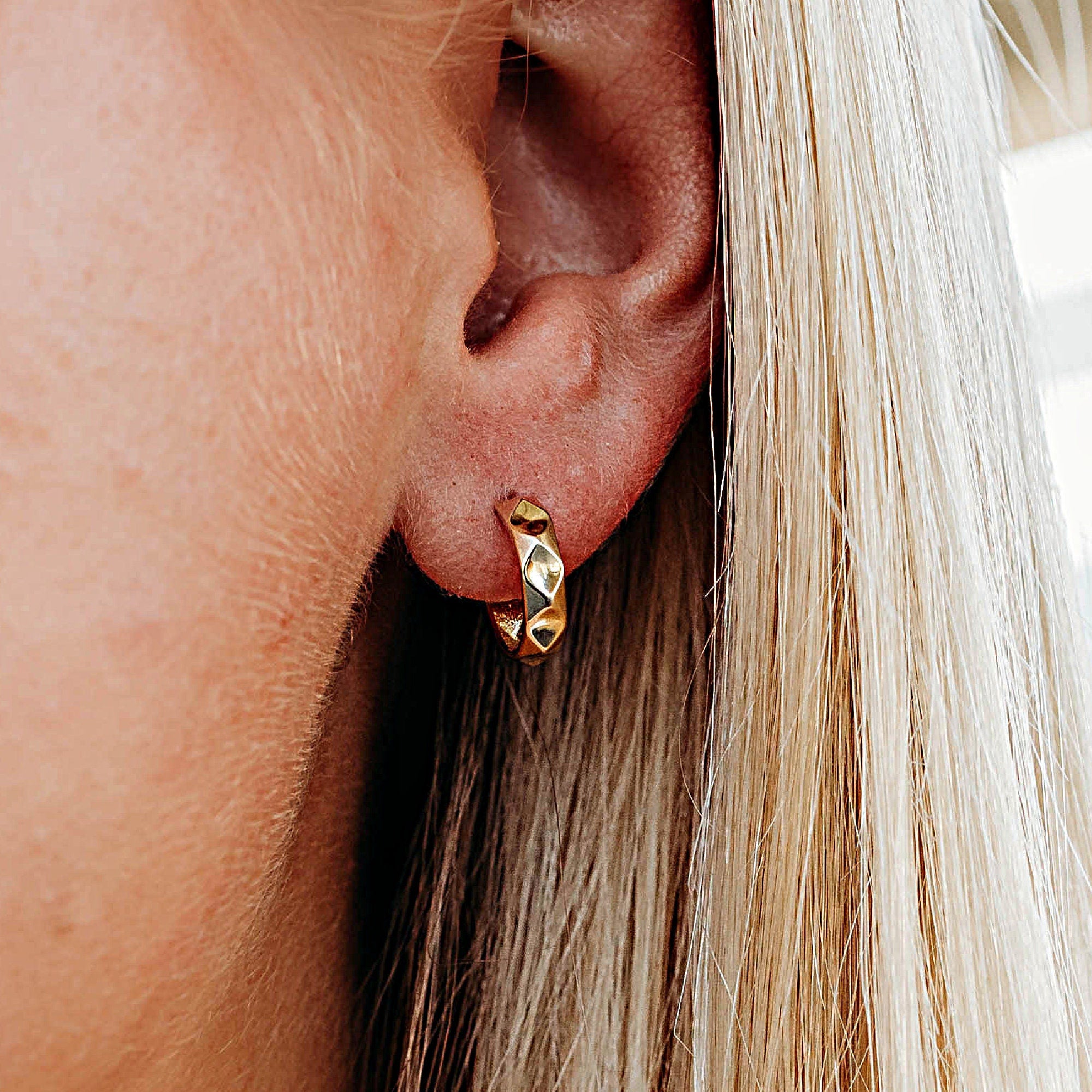 Geometric Textured Gold Huggies 14k Solid Gold