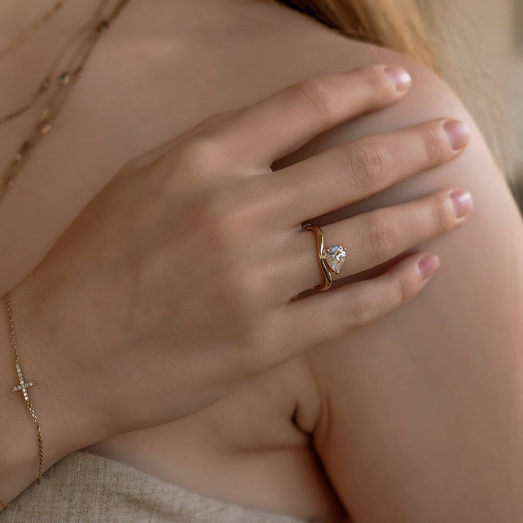 Pear Moissanite Monolith Ring 14k Gold, JASMINE 1 Ct. Pear Moissanite Engagement Ring