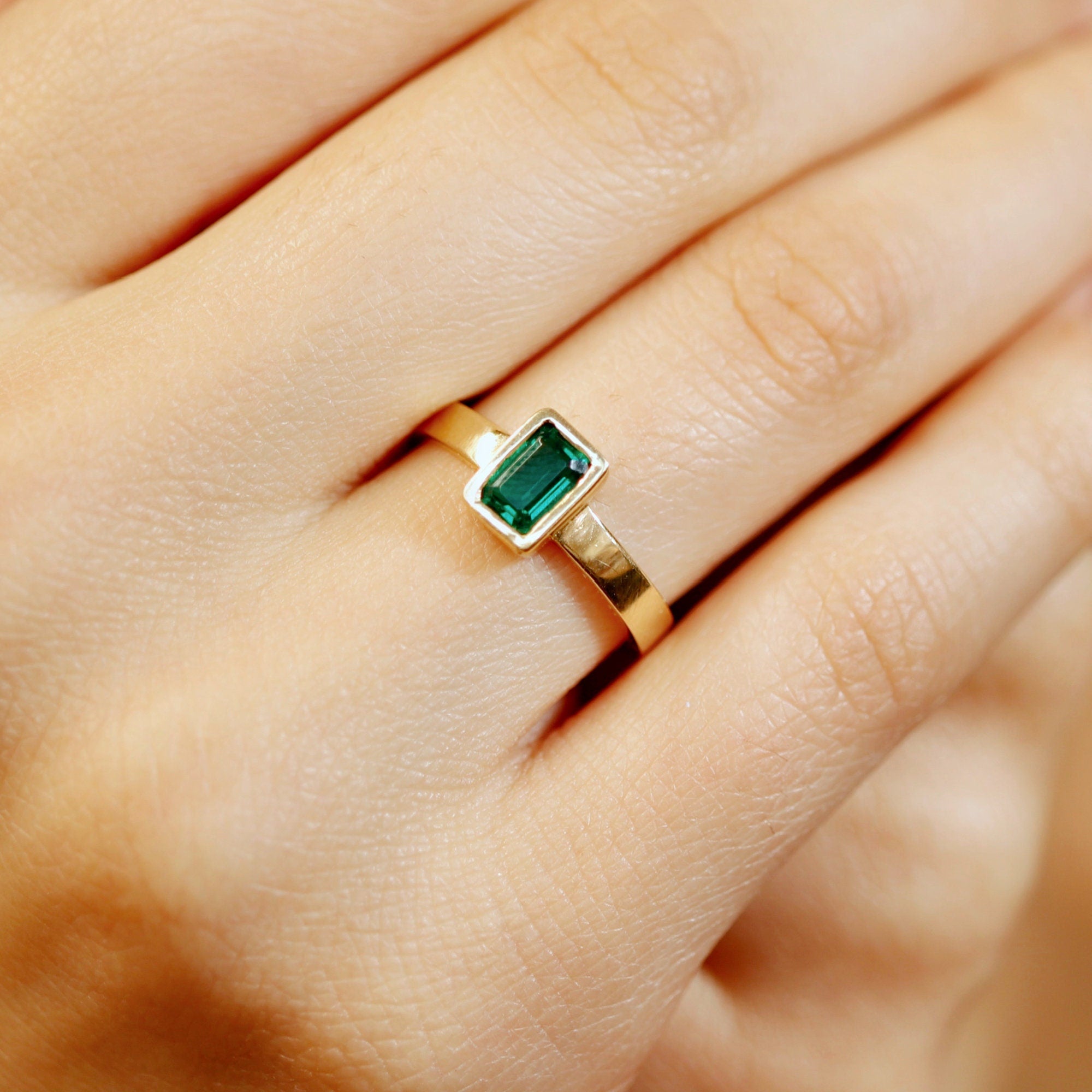 Bezel Set Emerald Ring 14k Solid Gold