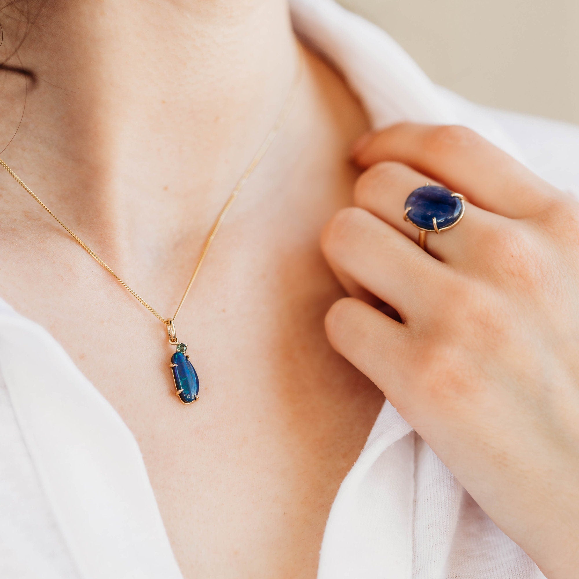 Boulder Opal w Sapphire Pendant 14k Solid Gold