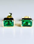 Genuine Emerald Cut Bezel Set Emerald Earrings 14k Gold