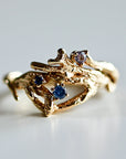 Colorful Sapphire Twig Ring 14k Solid Gold, Gold Branch Ring