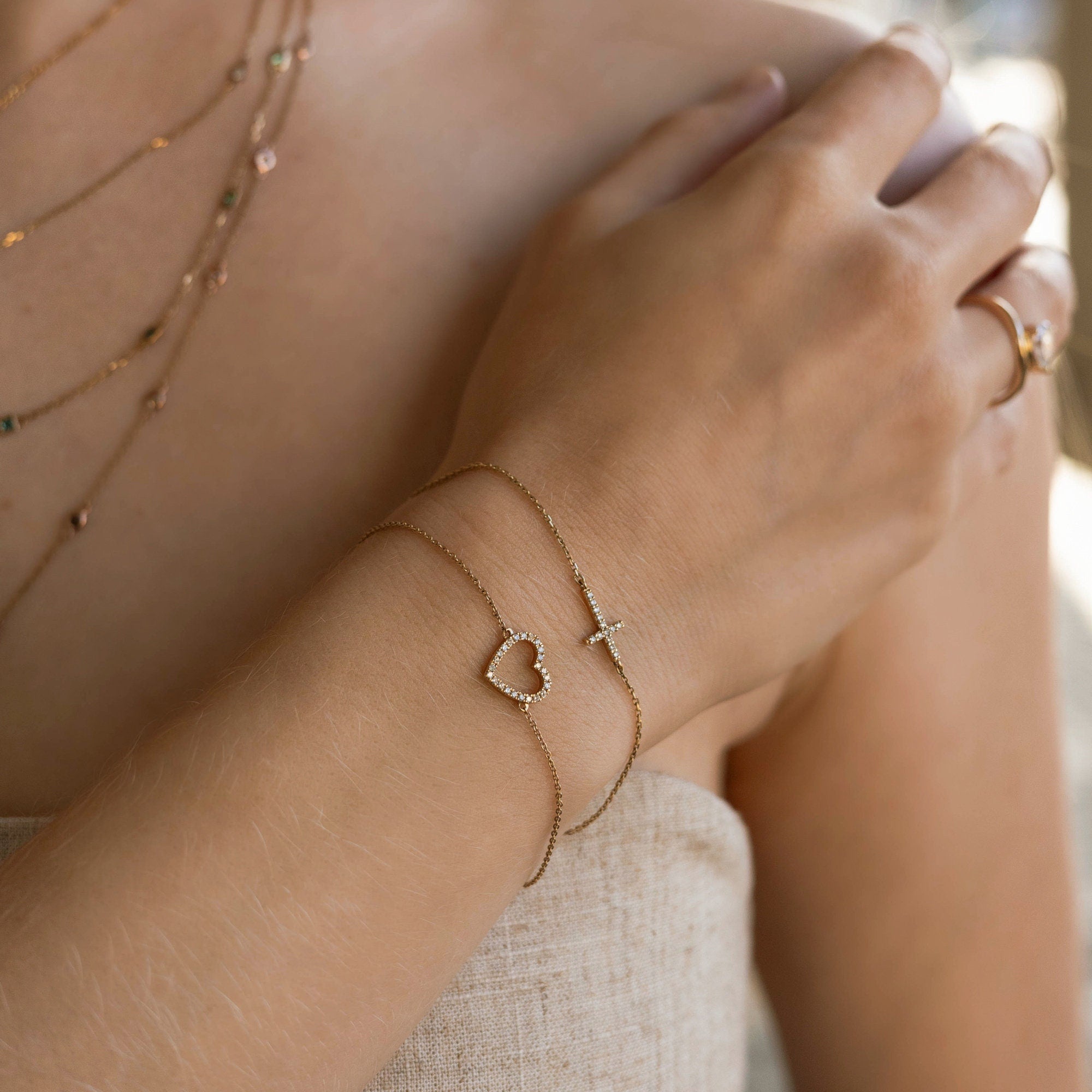 Diamond Heart Bracelet 14k Solid Gold