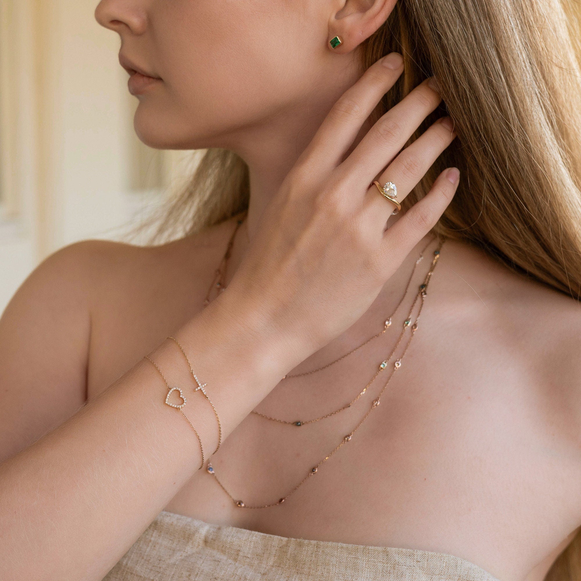 Diamond Heart Bracelet 14k Solid Gold