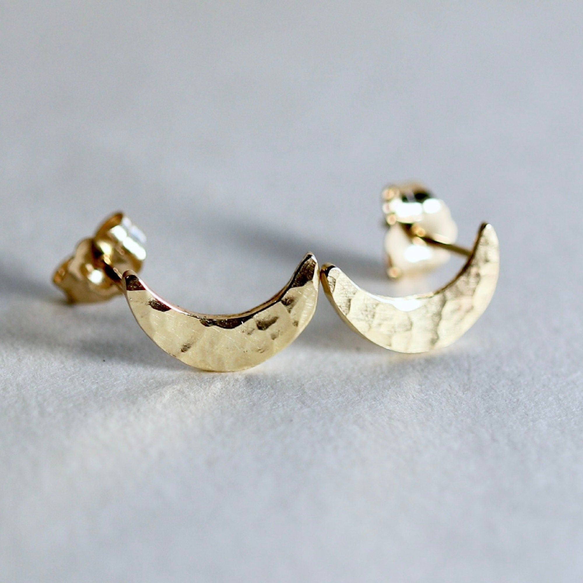 14k Solid Gold Crescent Moon Earrings, Moon Stud Earrings