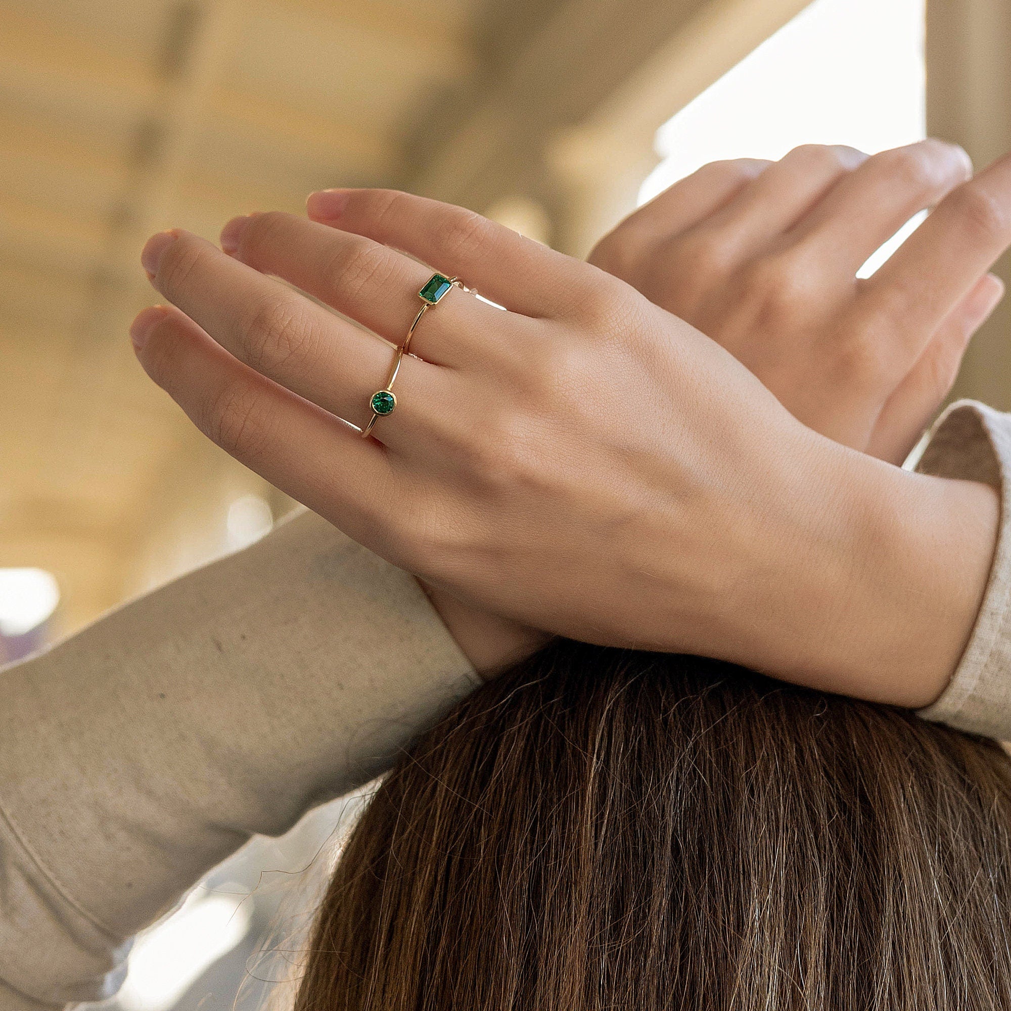 14k Gold Bezel Set Emerald Ring, Stacking Minimalist Gemstone Ring
