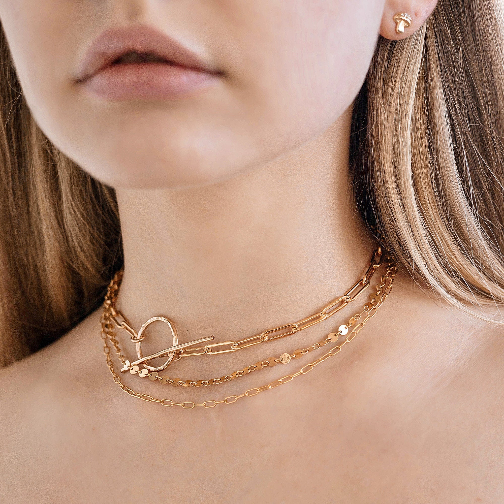 Gold Chunky Elongated Rectangle Chain Necklace, Toggle Layering Necklace