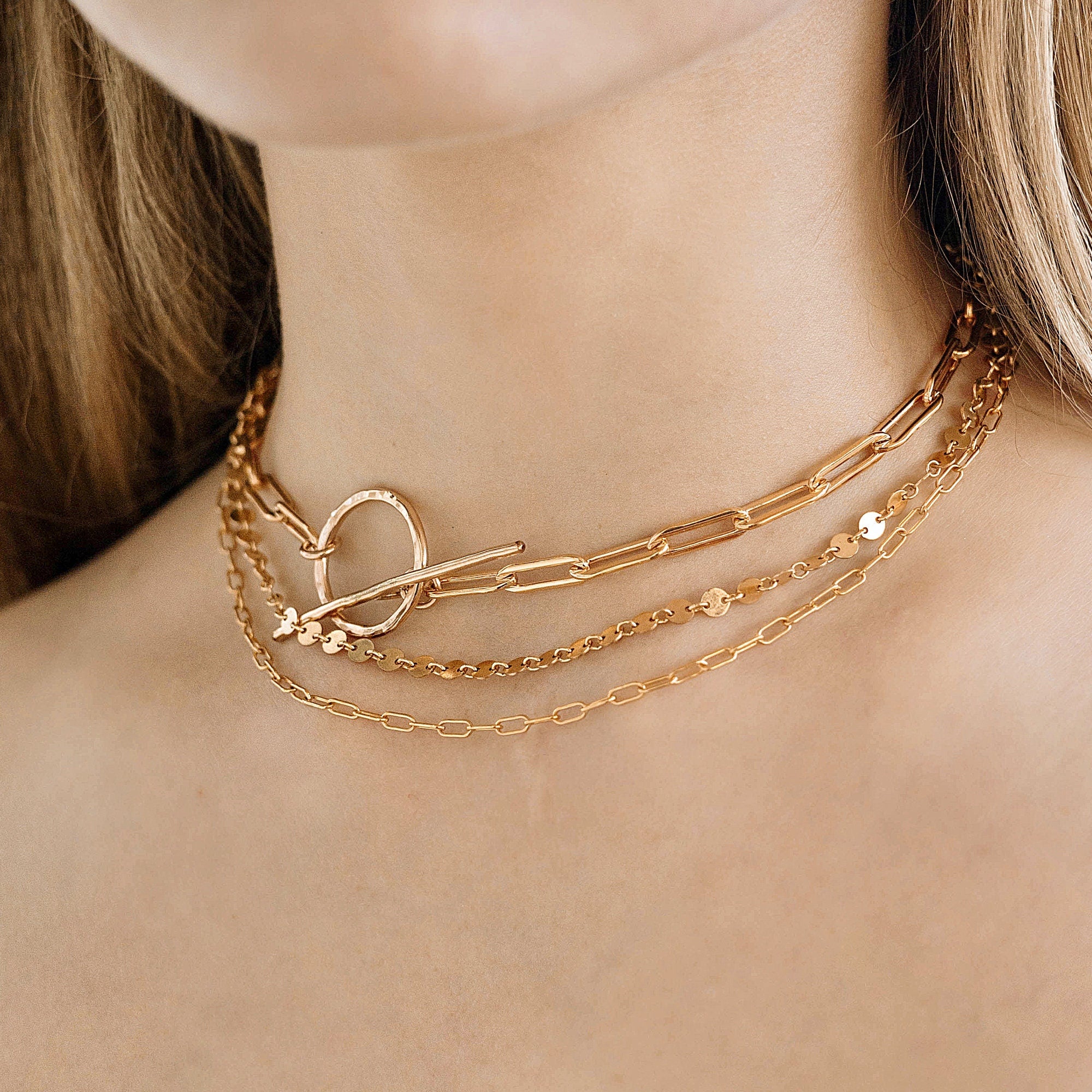 Gold Chunky Elongated Rectangle Chain Necklace, Toggle Layering Necklace