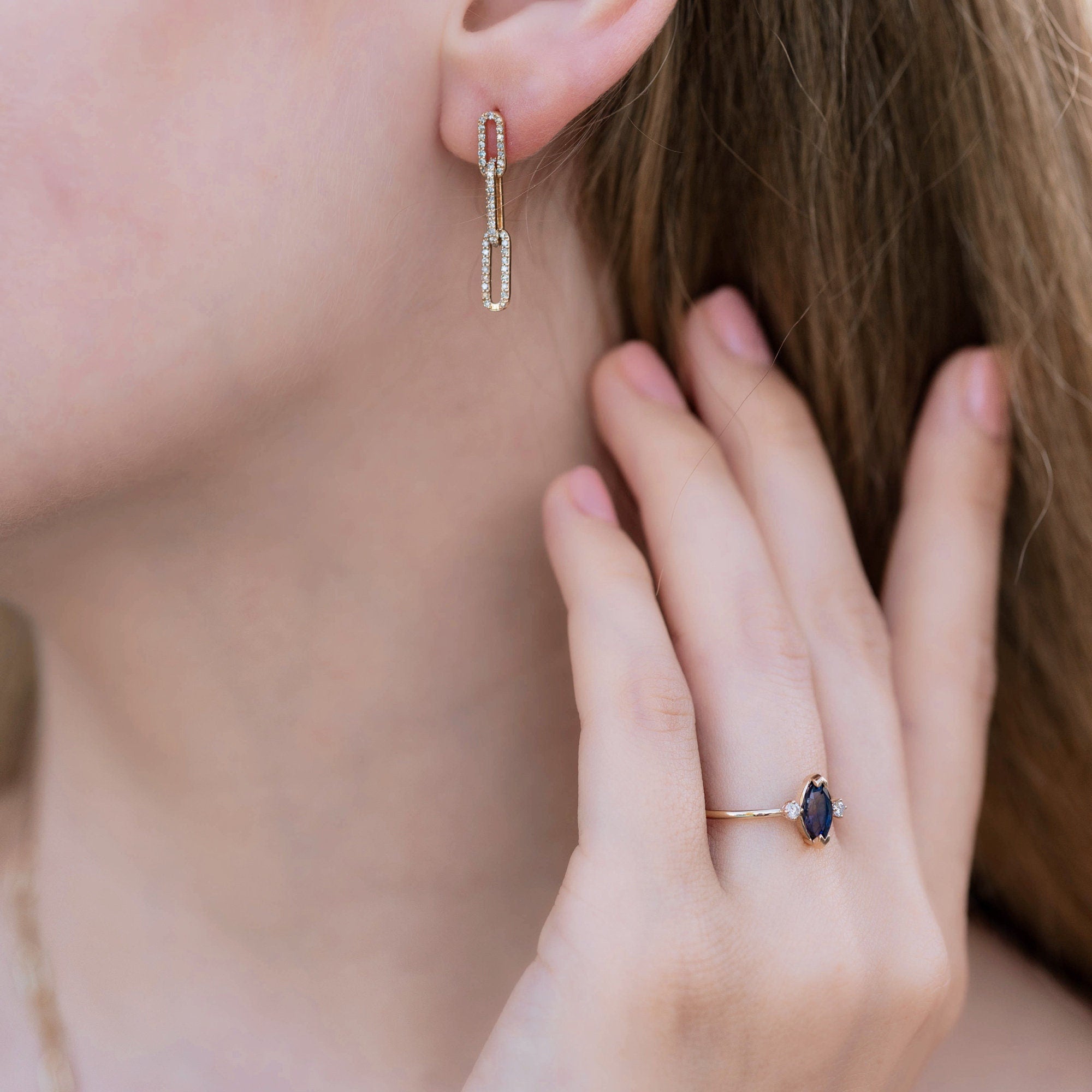 Marquise Blue Sapphire w Diamonds Ring, Anniversary Gift