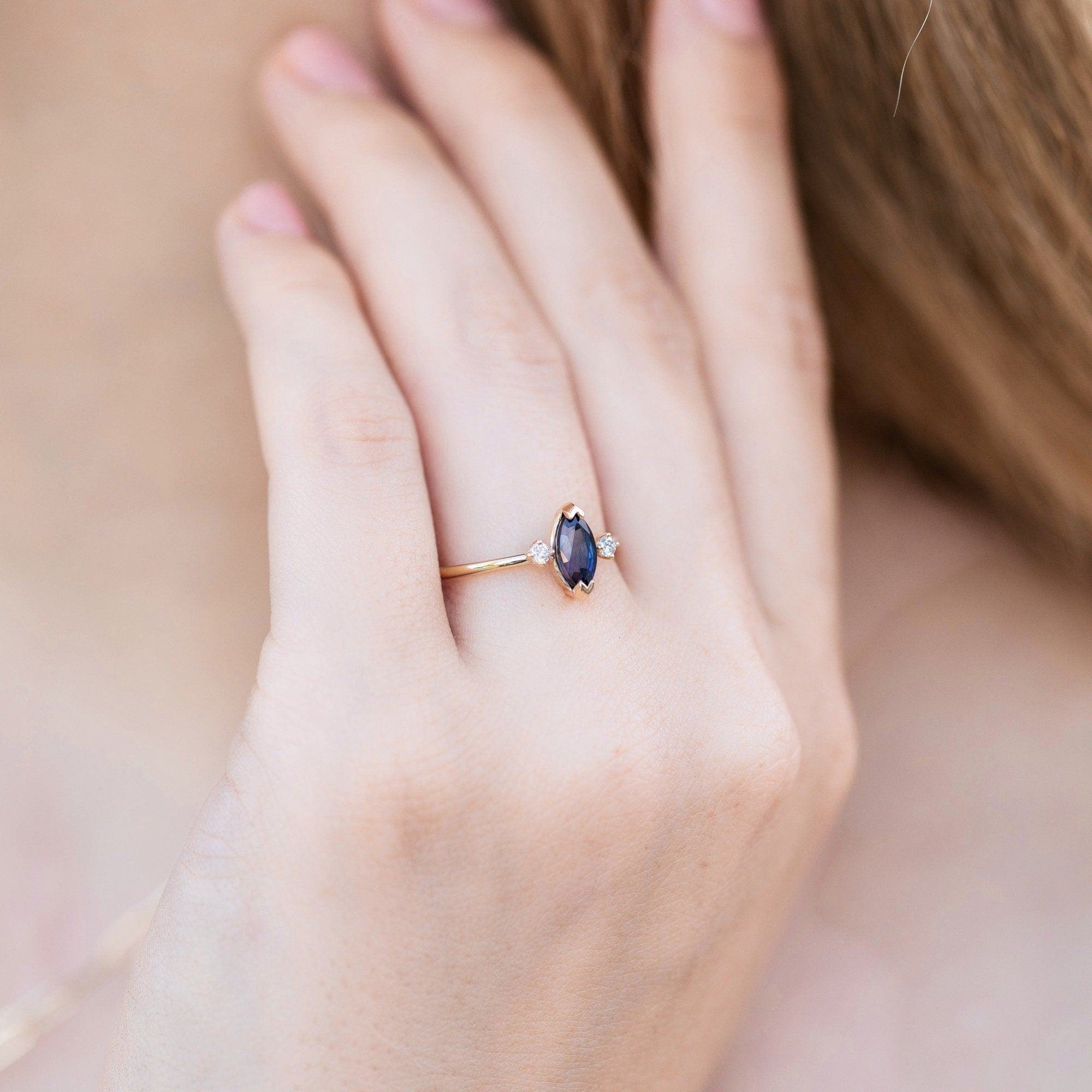 Marquise Blue Sapphire w Diamonds Ring, Anniversary Gift