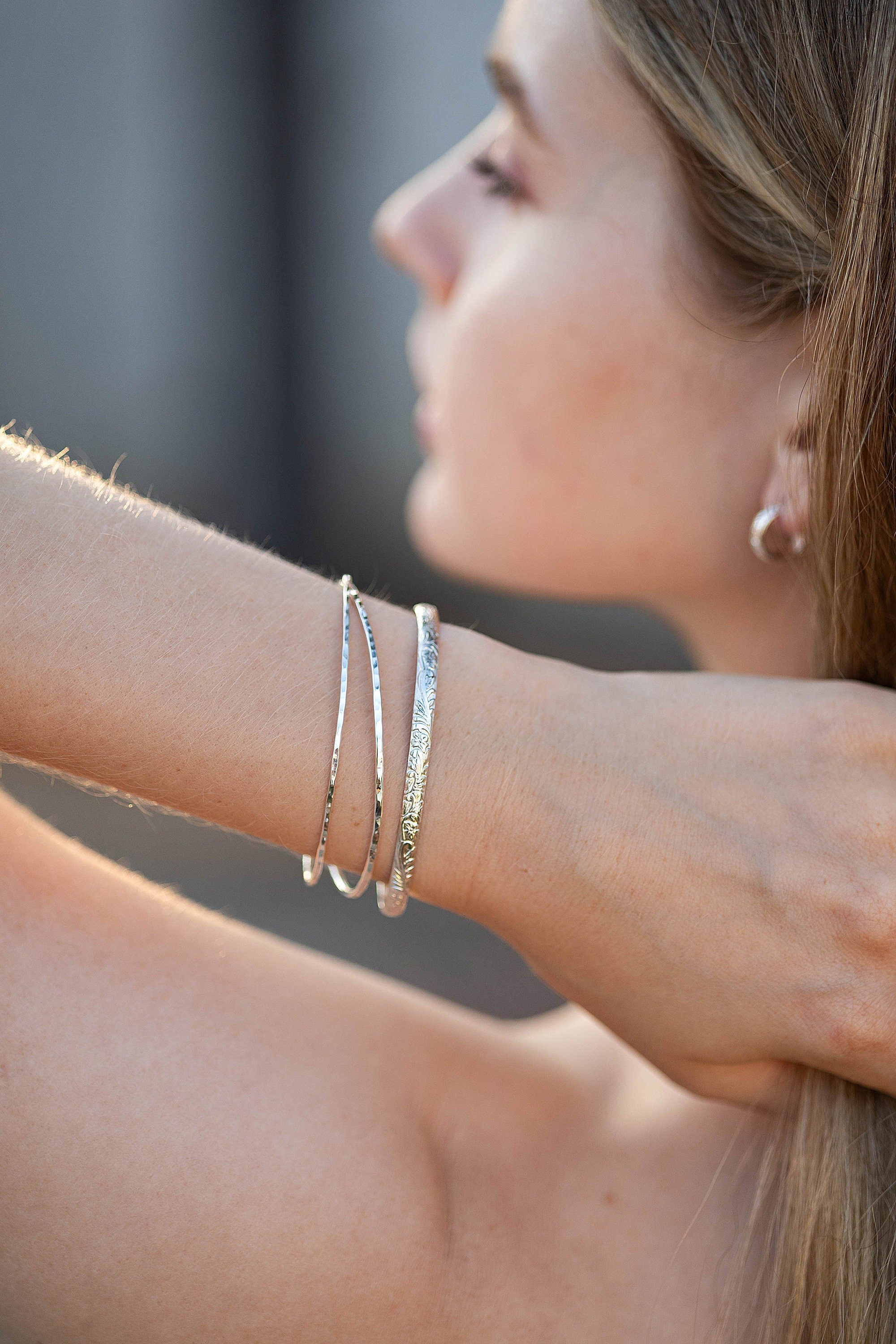 Sterling Silver Open Cuff Bracelet Leaf & Flowers, Handwriting Inside