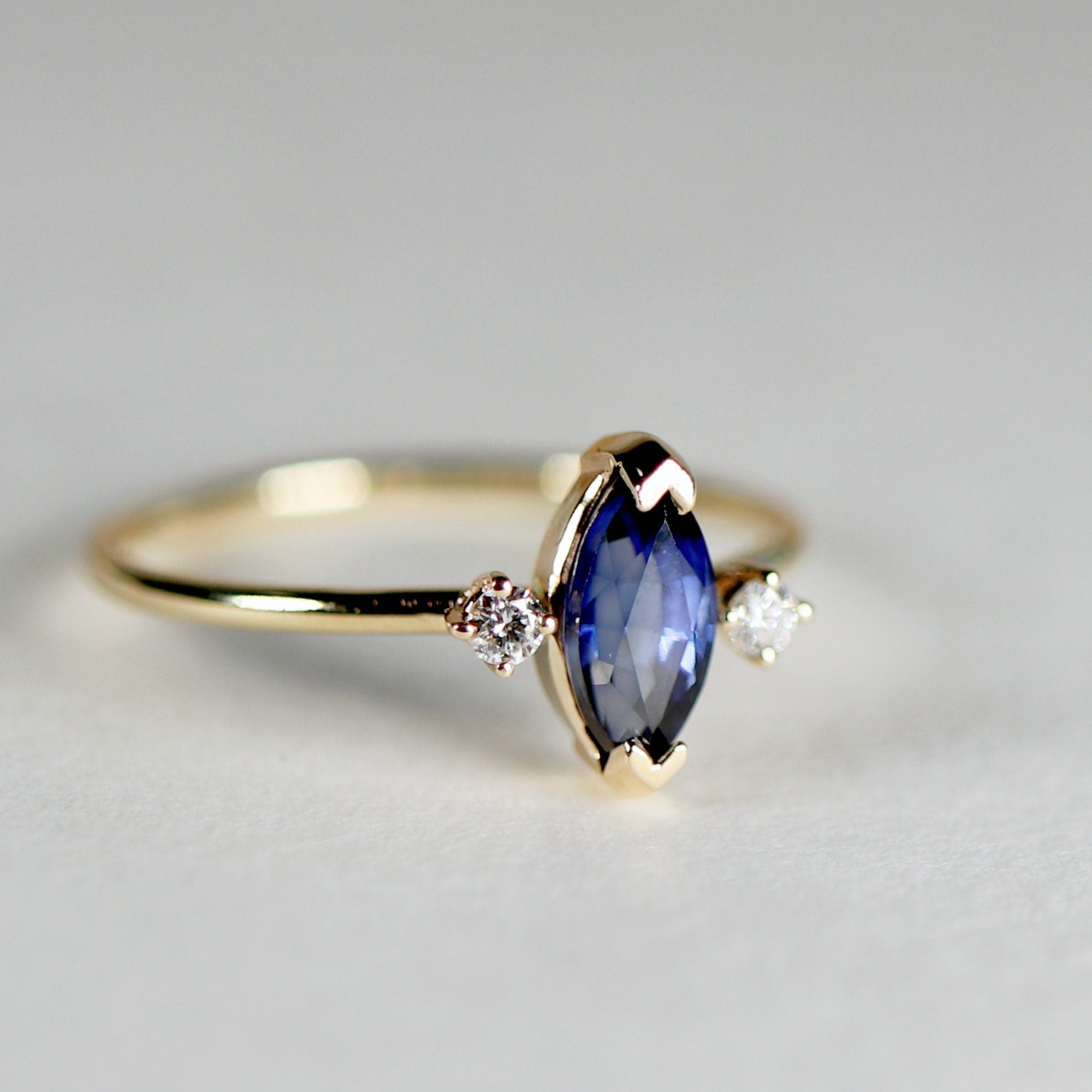 Marquise Blue Sapphire w Diamonds Ring, Anniversary Gift