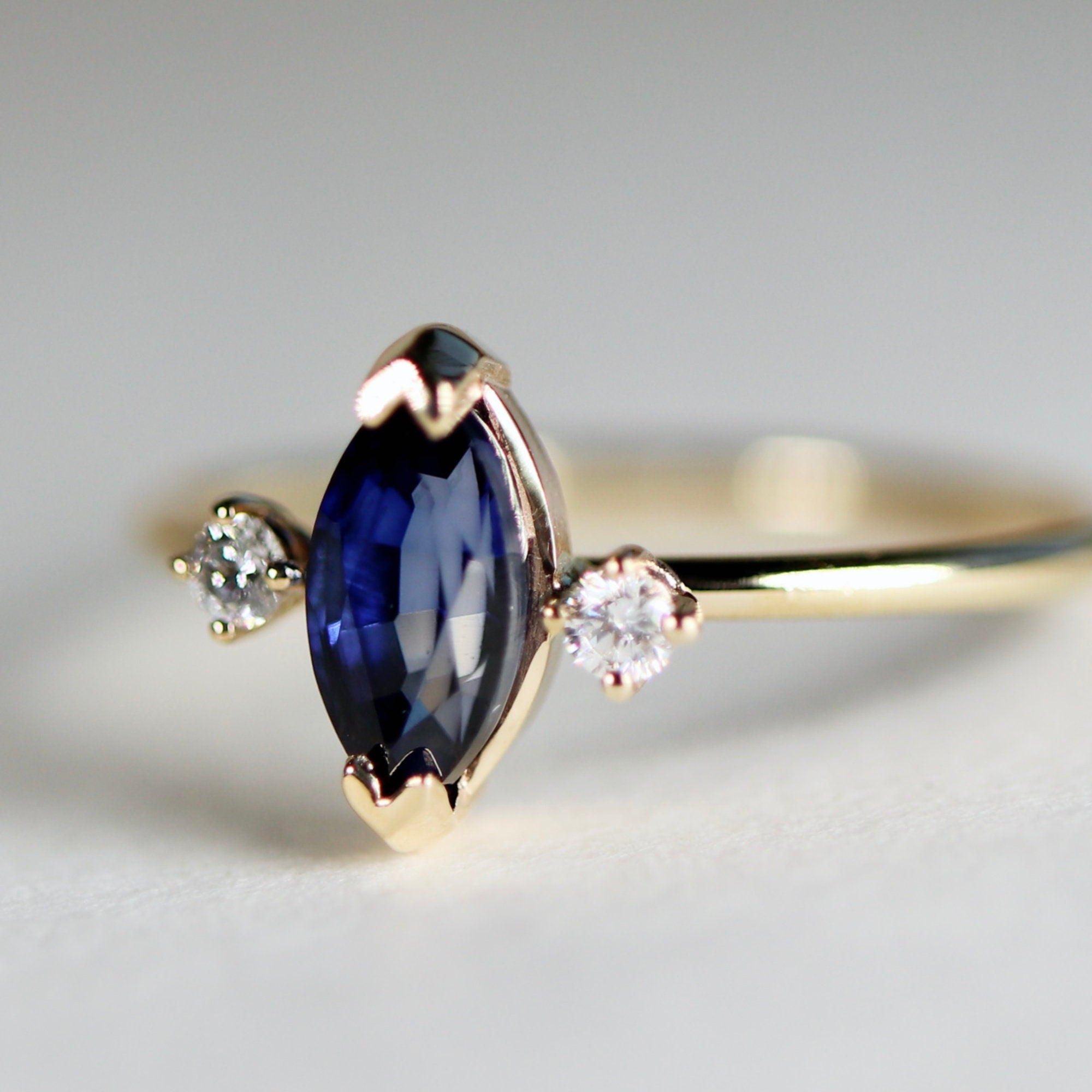 Marquise Blue Sapphire w Diamonds Ring, Anniversary Gift