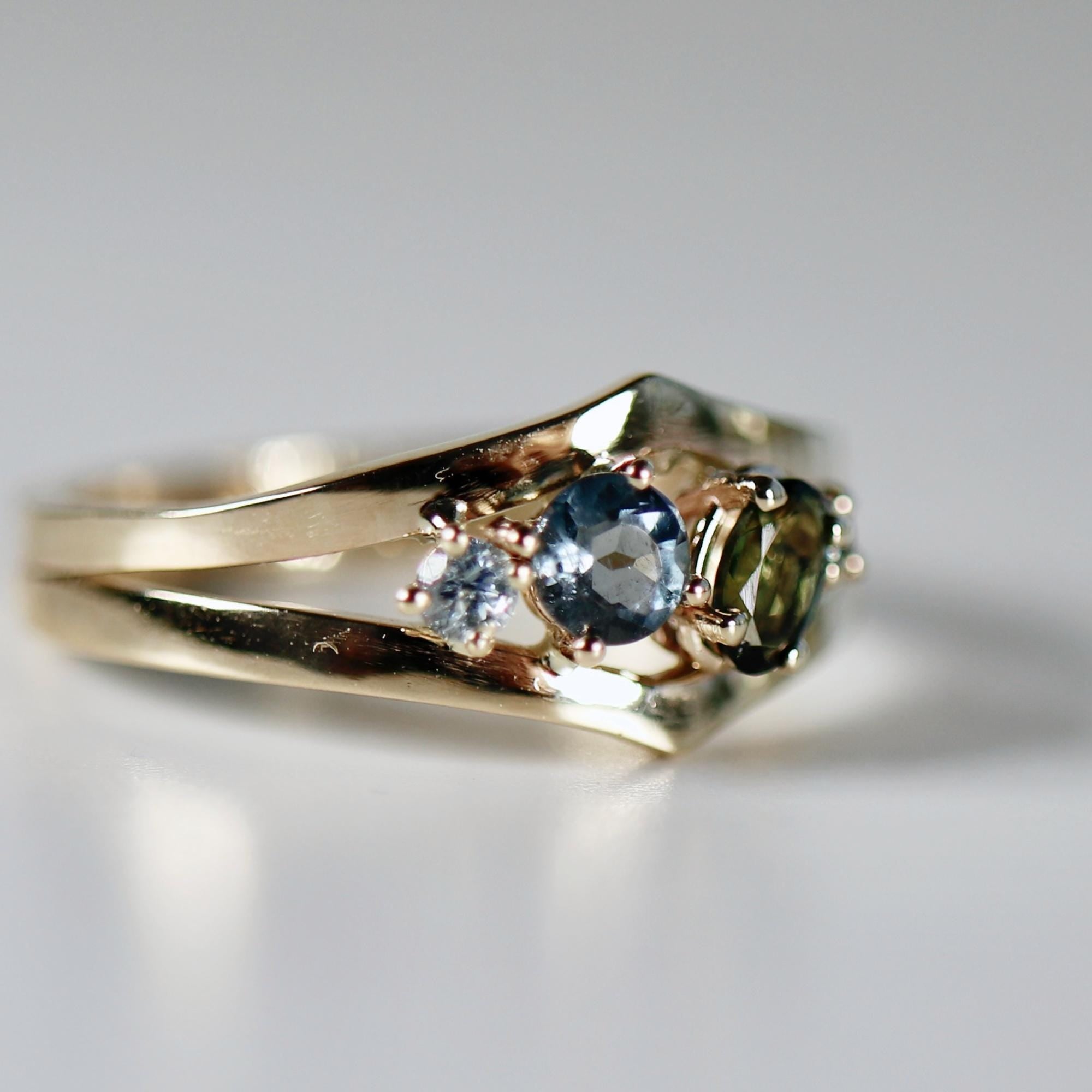 Sapphire Cluster Ring, Handmade Double Band Cocktail Ring