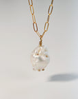 A gold chain necklace with a large, white baroque pearl pendant. Baroque Natural Pearl Necklace, Freshwater Pearl Necklace Gold Filled, June Birthstone, Layering Necklace, Bridal Jewelry Best Friend Gift